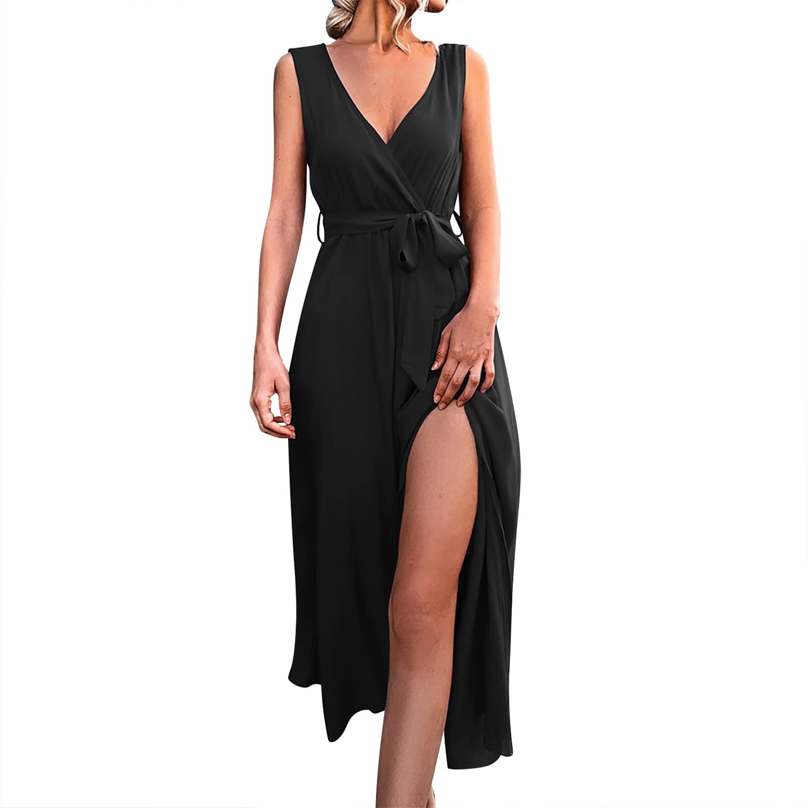 FRSH MNT Women's Summer Maxi Dress - Sleeveless Lace-Up Pleated Long Swing Cotton Dress for Beach Vacation, Outdoor Parties & Casual Wear