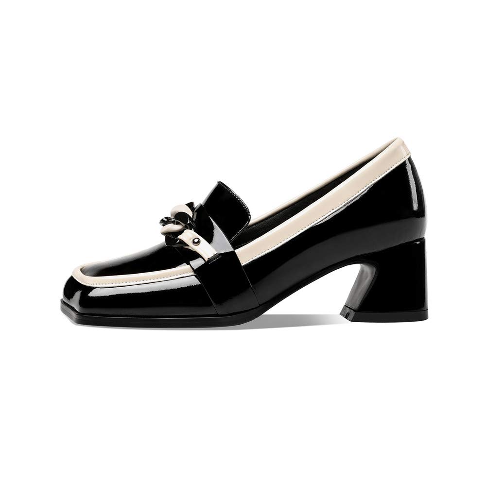 TinaCus Women's Fashion Square Toe Patent Leather Loafers with Chunky Heel & Chain Detail - Trendy Slip-On Shoes for Work, Office & Casual Outfits