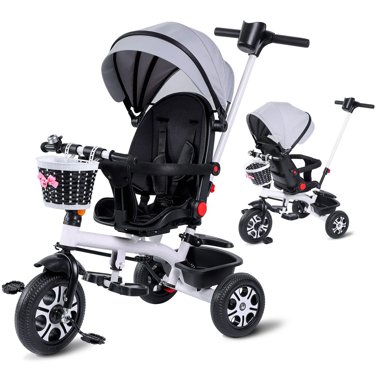 6-in-1 Baby Tricycle with Guardrail & Rotatable Seat - Adjustable Push Handle Stroller for Toddlers Boys & Girls - Perfect for Outdoor Play, Park Rides & Birthday Gifts