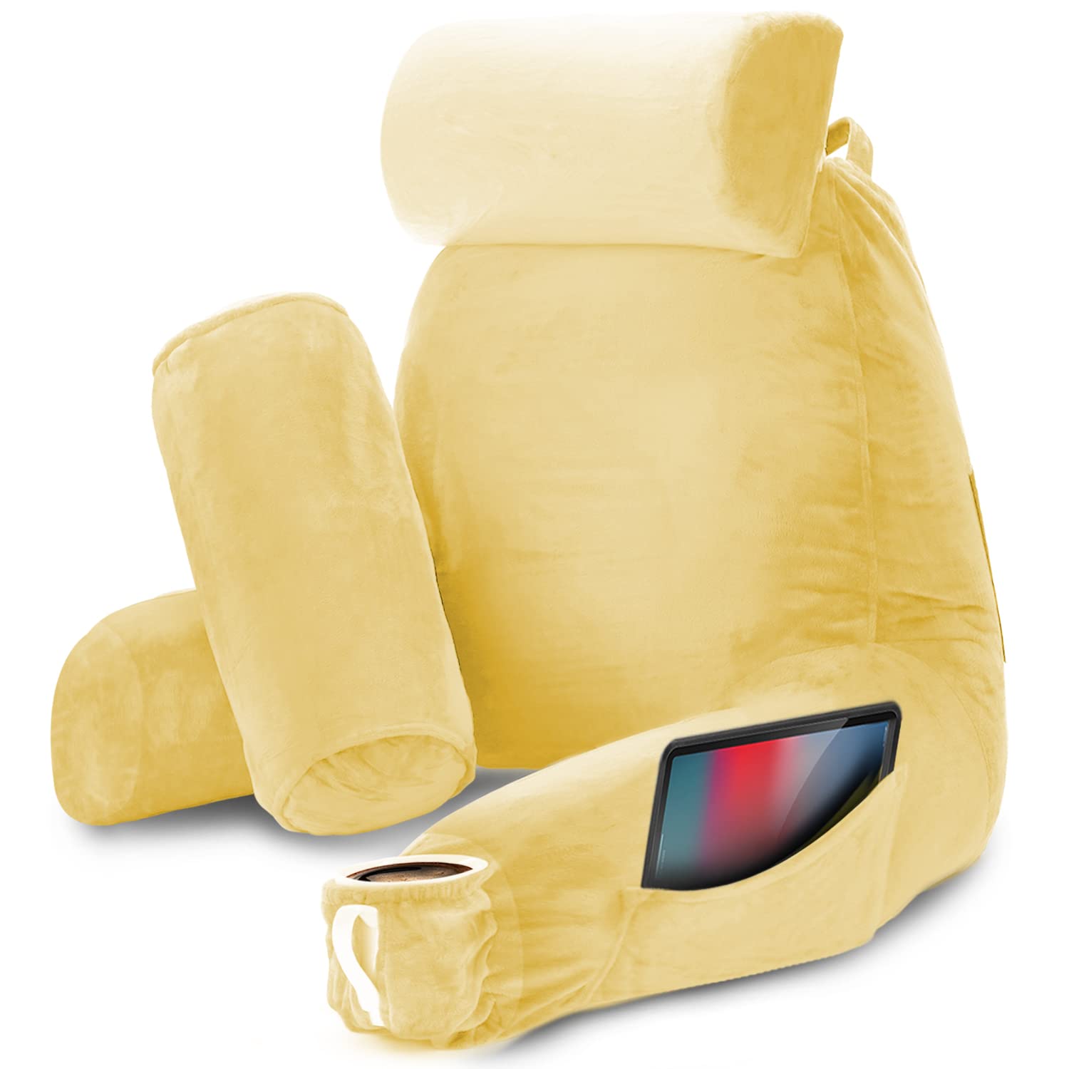 **Nestl Large Reading Pillow with Shredded Memory Foam – Back Support Pillow for Sitting in Bed, Reading, or Relaxing – Light Yellow Bed Chair Pillow with Pockets – Perfect for Cozy Reading Nooks, Dorm Rooms & Lounging**
