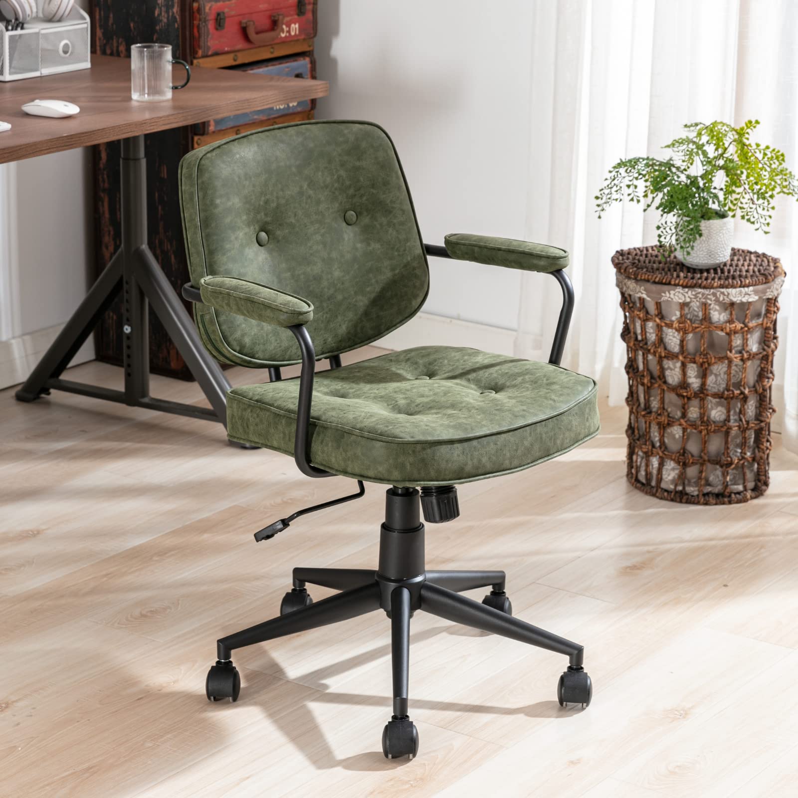 LukeAlon Adjustable PU Leather Tiltable Office Chair - 360° Swivel Ergonomic Task Chair with Armrests, Thickened Seat & Button Tufted Design for Home Office (Green) - Perfect for Workspaces, Gaming & Study Rooms
