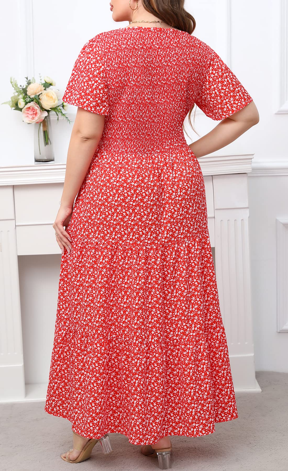 Plus Size Floral Maxi Dress for Women with Pockets, Smocked Waist & Flutter Sleeves - Tiered Boho Summer Dress for Beach, Vacation & Casual Wear