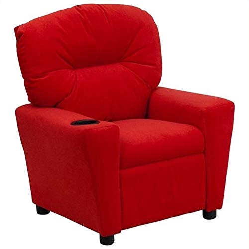 BOWERY HILL Kids Recliner Chair with Cup Holder - Soft Red Plush Reclining Chair for Children's Room, Playroom or Nursery - Perfect for Reading, Watching TV and Relaxing