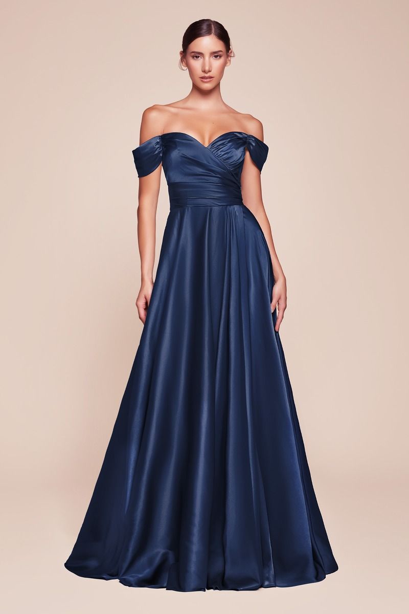Jillian Gown Navy Blue A-Line Soft Satin Off-the-Shoulder Dress for Evening Parties, Weddings & Special Occasions