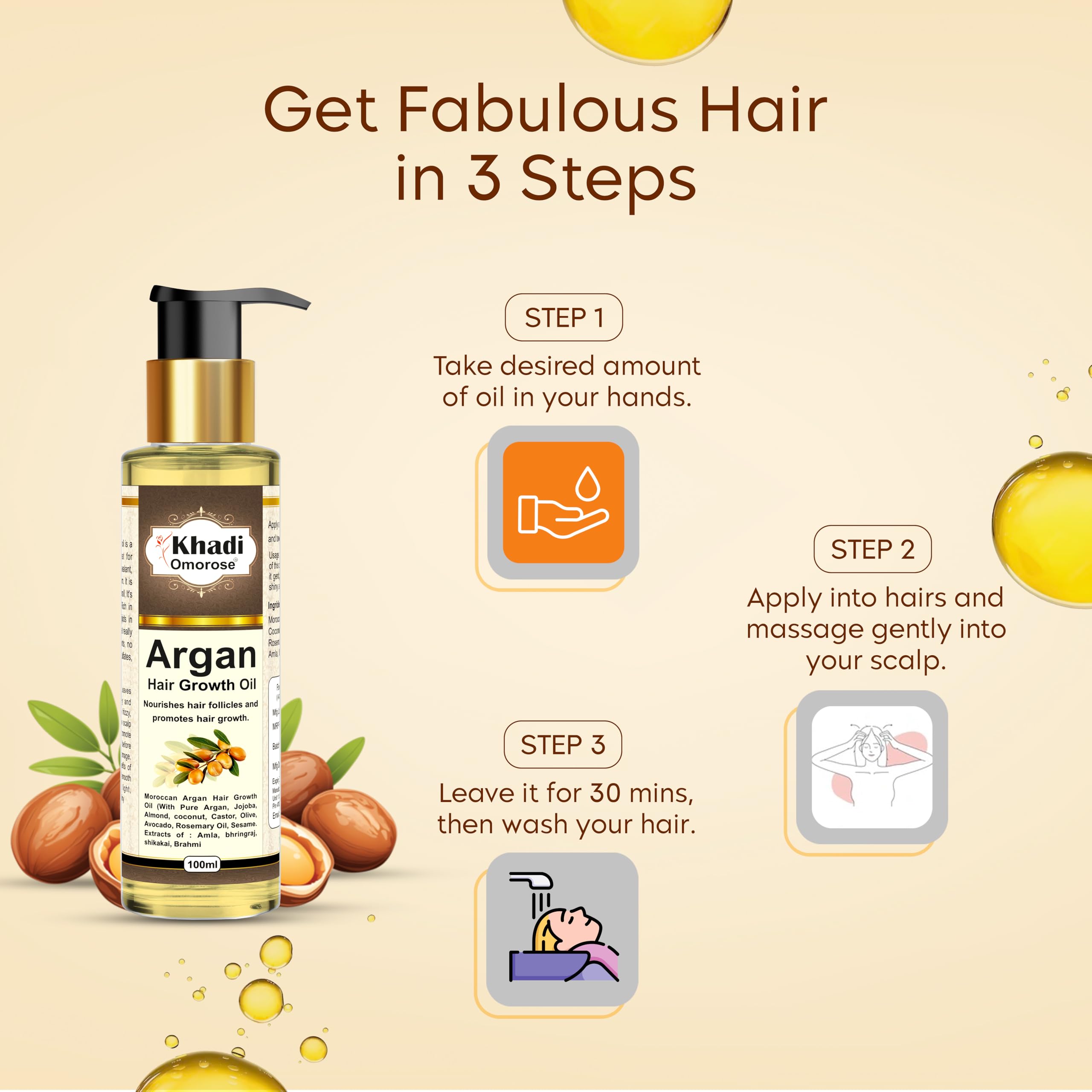 Khadi Omorose Argan Hair Oil - 100ml Natural Hair Treatment with Argan, Jojoba, Almond, Castor, Olive & Sesame Oils - Reduces Hair Fall, Adds Shine & Strengthens Hair - Perfect for Daily Hair Care & Styling