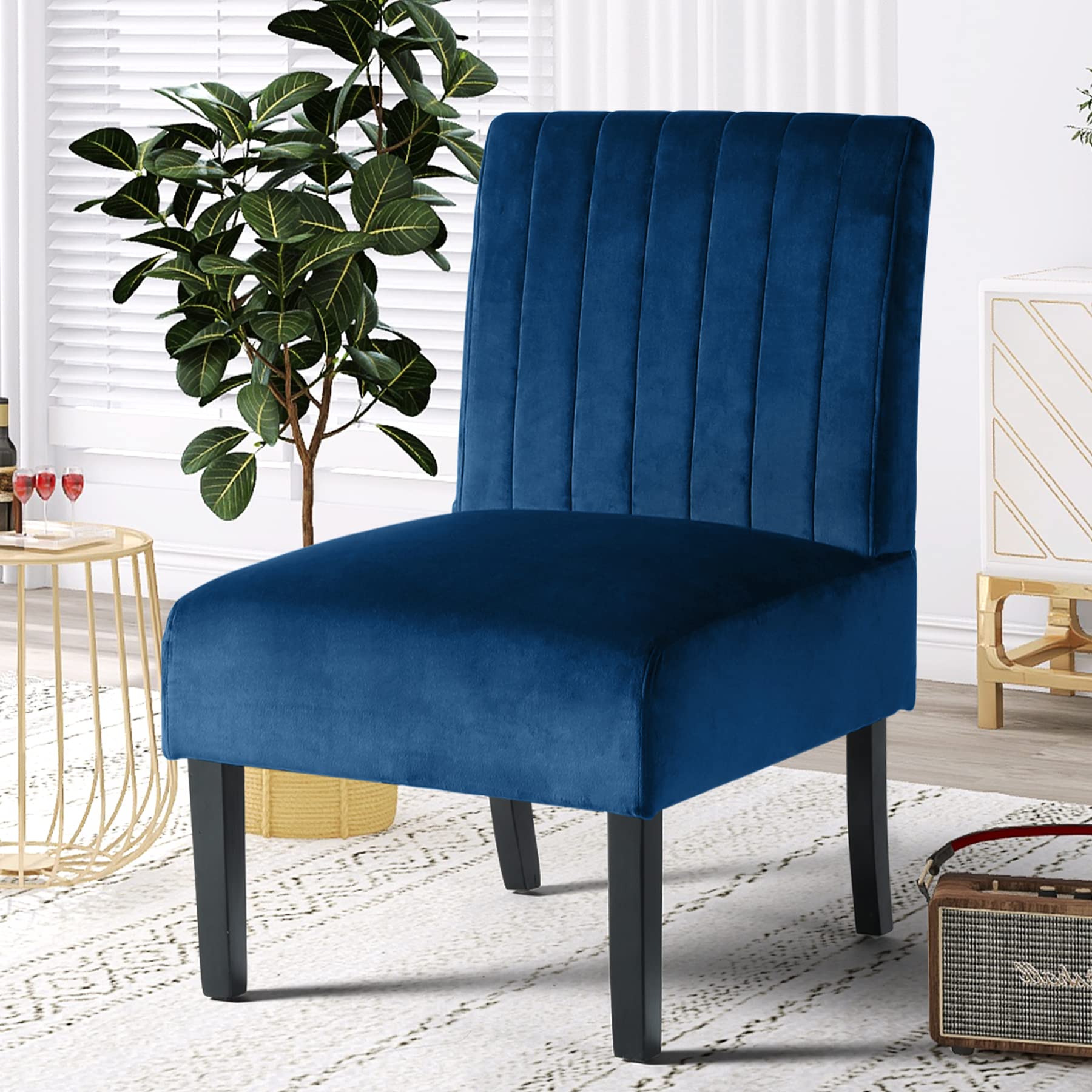 Modern Velvet Armless Accent Chair - Navy Blue Slipper Chair for Bedroom, Living Room & Vanity | Stylish Corner Side Chair for Home Decor & Relaxation
