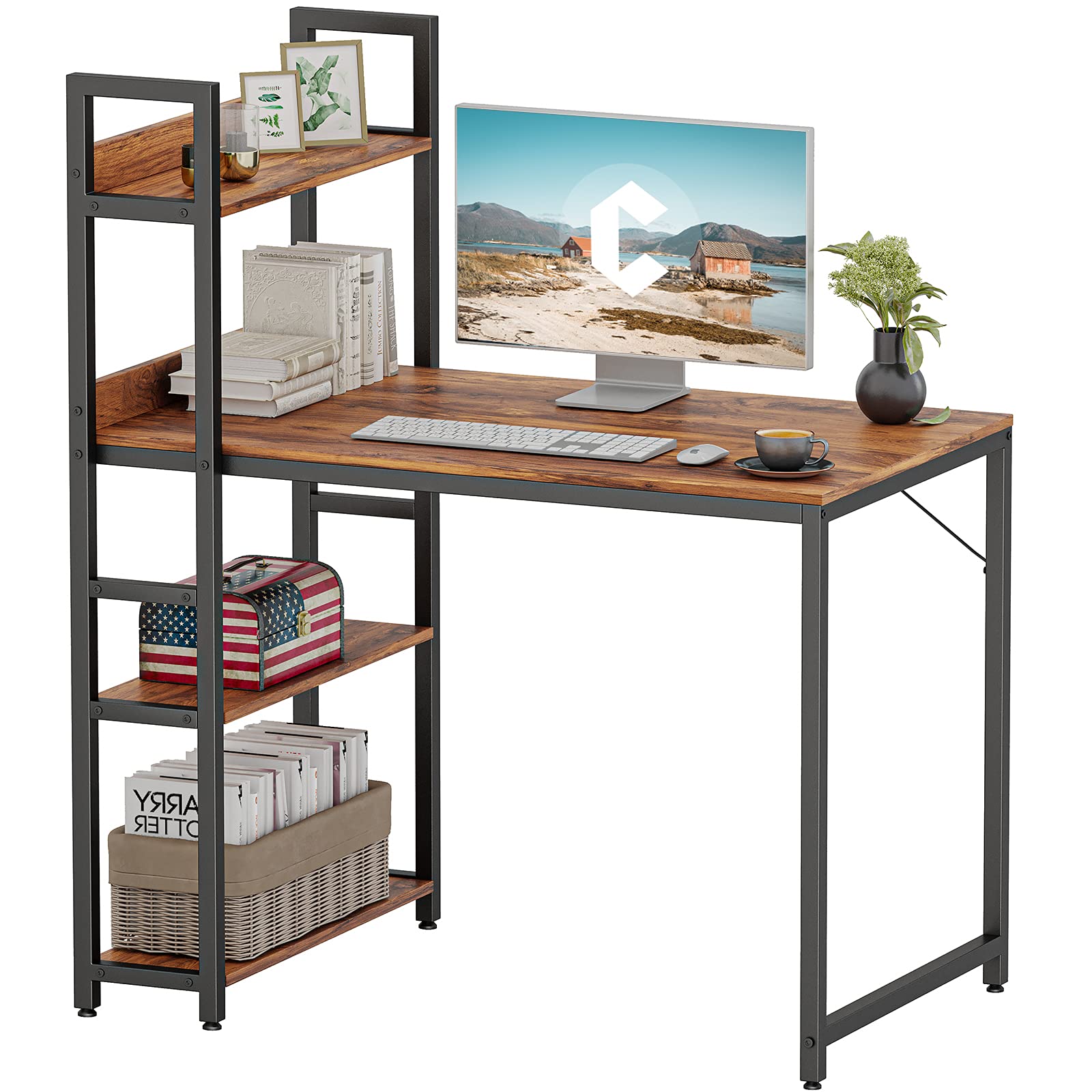 CubiCubi 40 Inch Modern Computer Desk with Storage Shelves, Simple Study Writing Table for Home Office - Deep Brown, Perfect for Small Spaces & Workspaces