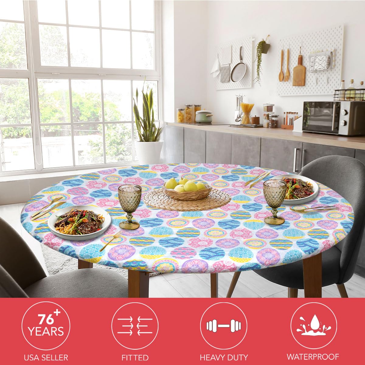 Deluxe Elastic Edged Flannel Backed Vinyl Fitted Tablecloth - Easter Design Small Round Table Cover (40-44 inch Diameter) for Holiday Dining, Kitchen Decor & Party Table Setting