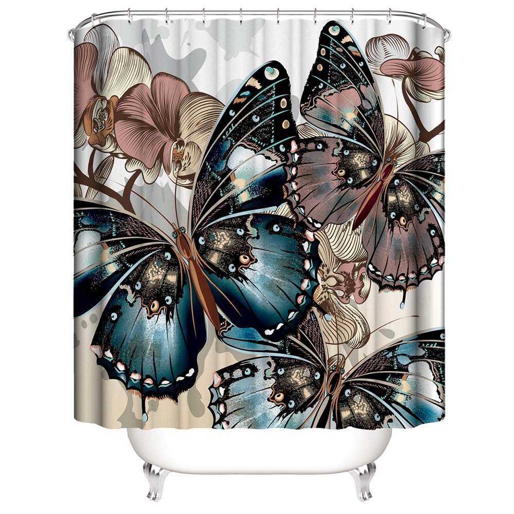 SUNGFINE Waterproof Washable Butterfly Floral Shower Curtain - 72x72 Inch Bathroom Decor with White Plastic Hooks - Elegant Butterfly Flowers Design for Home, Hotel, and Spa Bath Accessories