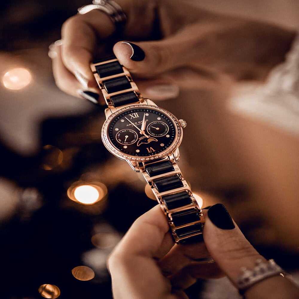 Aries Gold Enchant Luna L 58010L RG BKMP Women's Luxury Watch - Elegant Rose Gold & Black Timepiece for Business, Party & Special Occasions