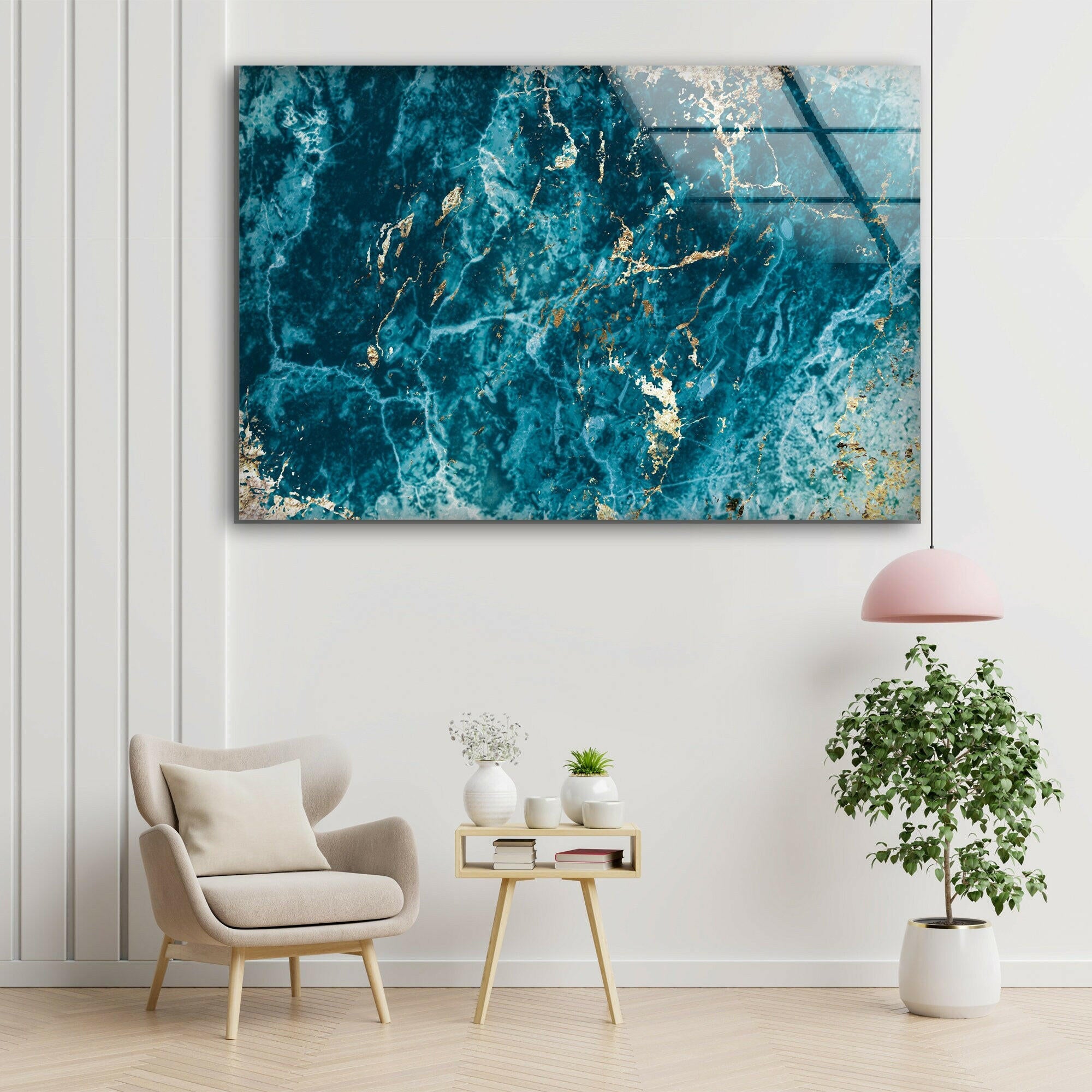 Blue Turquoise Marble Glass Wall Art - Handmade Modern Home Decor for Living Room, Bedroom & Office - Elegant Glass Wall Hangings for Interior Design