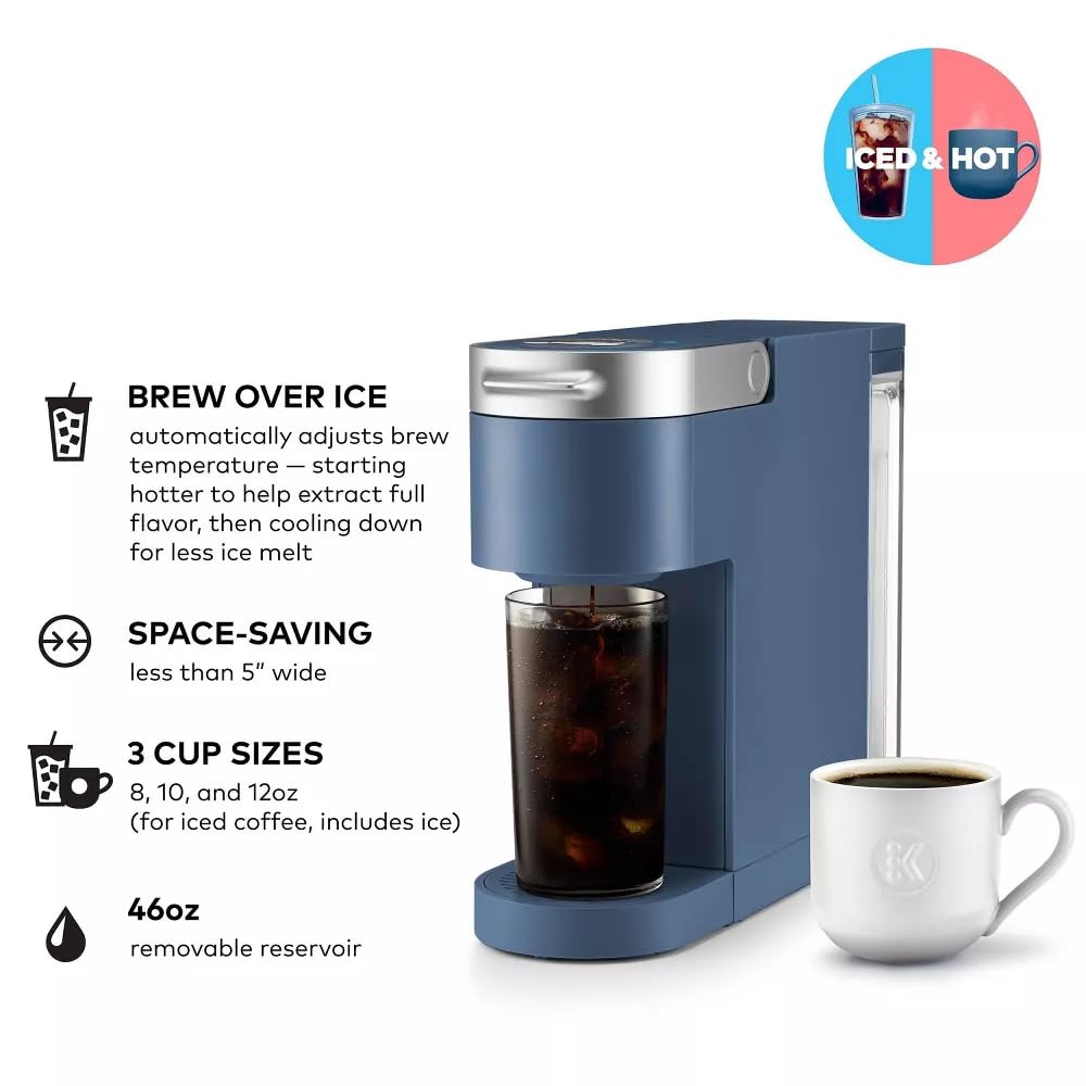 K-Iced Plus Single-Serve Coffee Maker & Espresso Machine - Brews Iced & Hot Coffee, Compact Design for Small Spaces, Fits Travel Mugs, 46 oz Removable Water Reservoir, Auto Shut-Off, KCup Pod Compatible, Alpine Blue - Perfect for Home, Office, Dorm & Travel Use