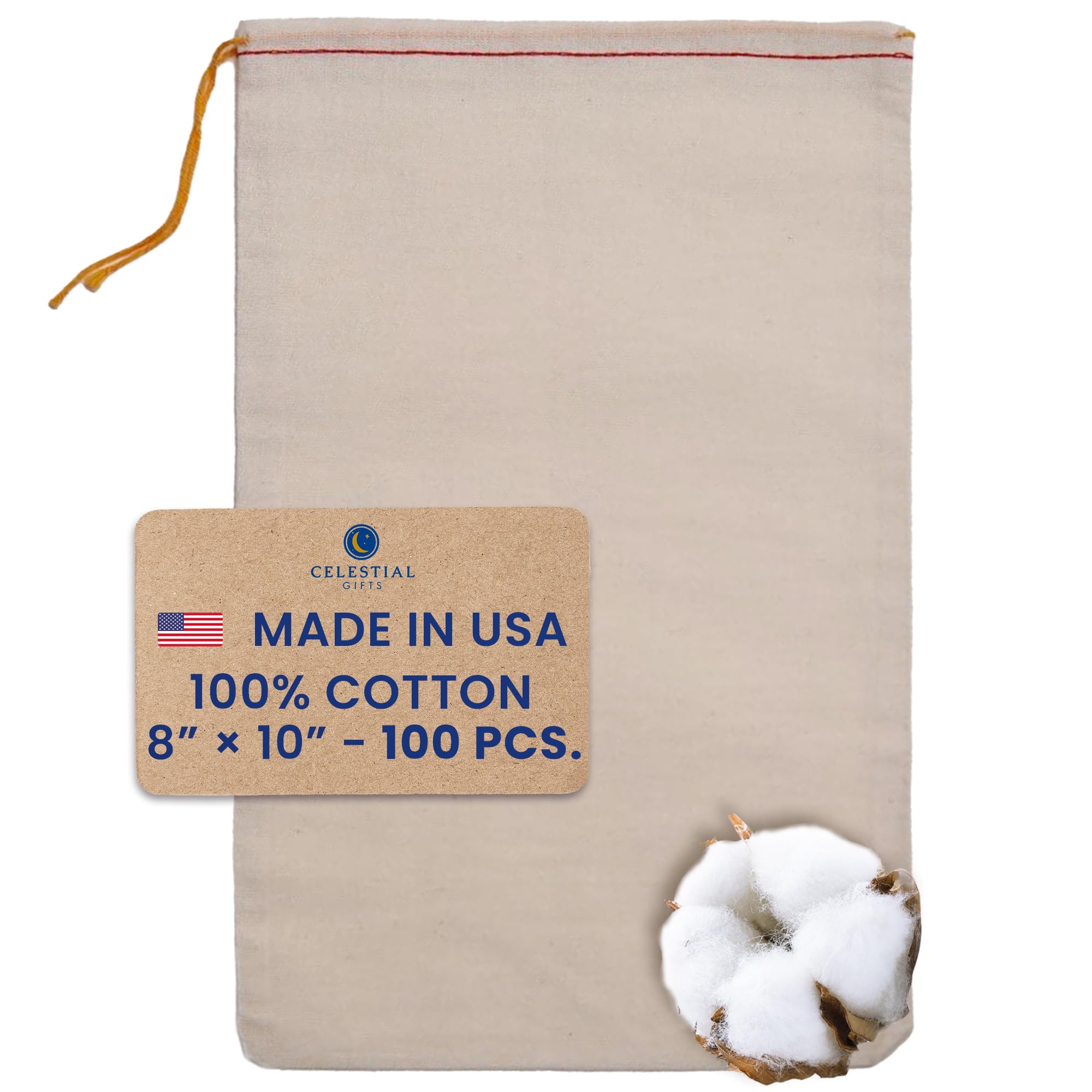 100pcs 8x10 Inch Large Cotton Muslin Drawstring Bags Bulk - Premium Party Favor & DIY Craft Gift Bags - 100% Natural USA-Made (Red Hem/Orange String) - Perfect for Wedding Favors, Baby Showers & Handmade Soap Packaging