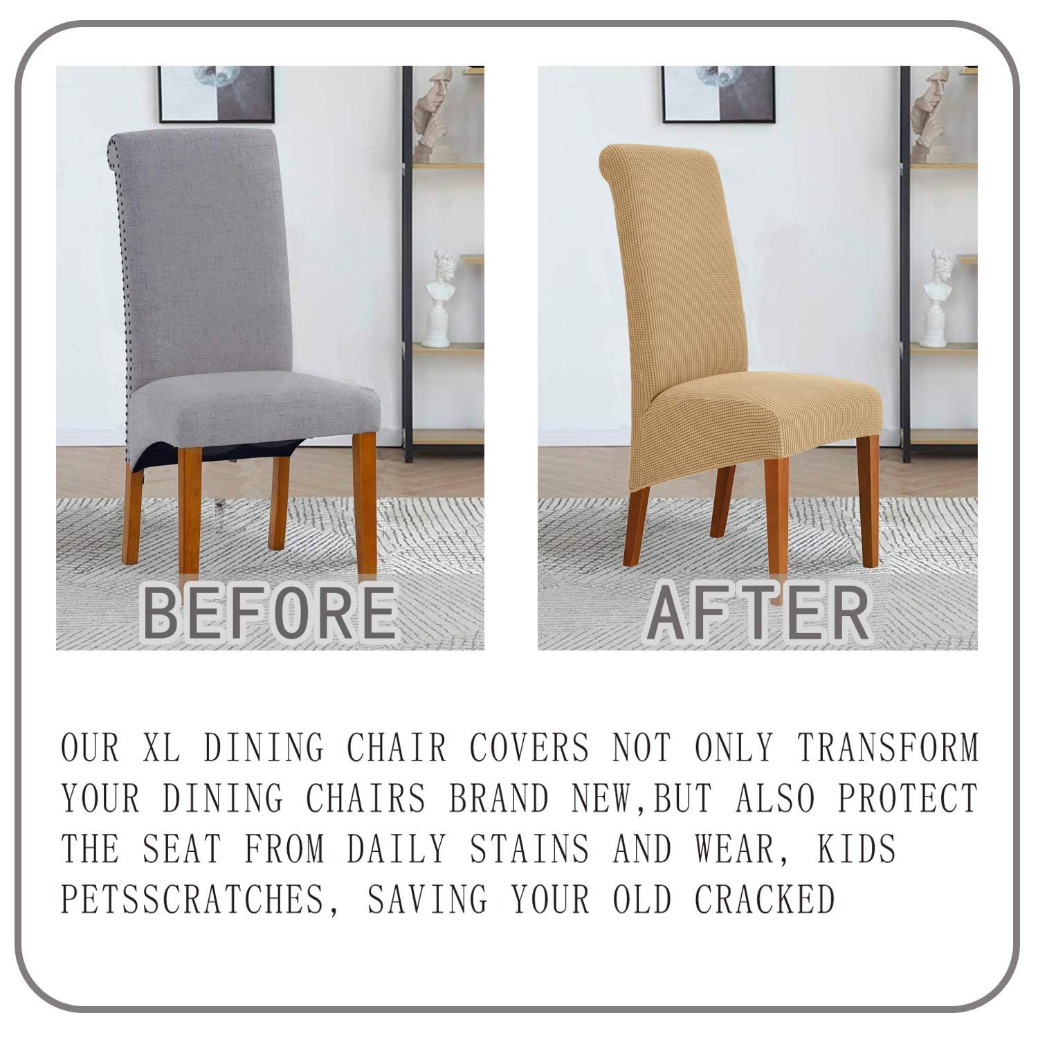 Deisy Dee Stretch XL Oversized Soft Spandex Dining Chair Covers - Washable Slipcovers for Kitchen & Dining Room (Khaki, 2 Pack) | Perfect for Home, Restaurant, and Office Use