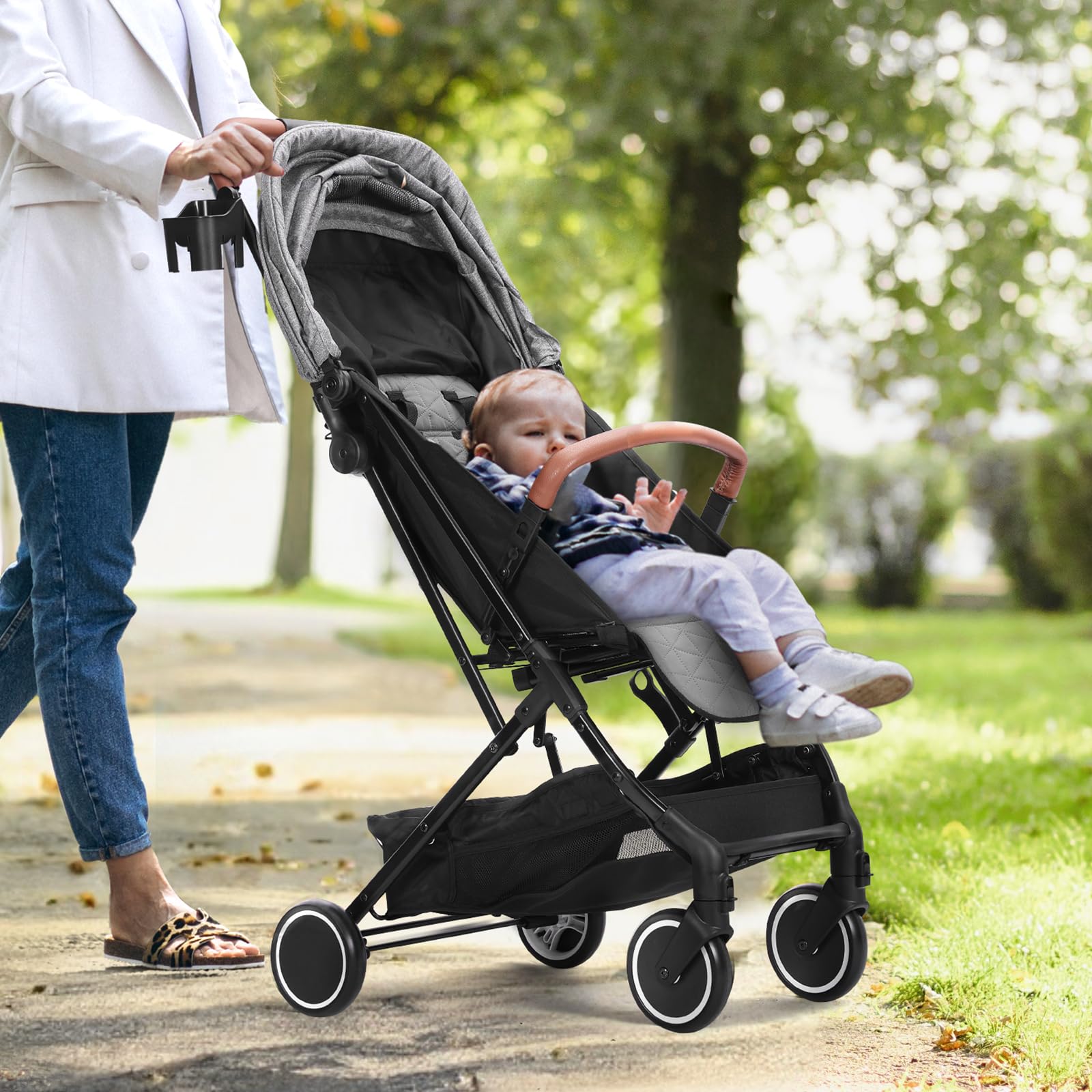VEVOR Adjustable Baby Stroller for Newborns & Toddlers - Lightweight Travel Stroller with Reclining Backrest (95°-150°), Foldable Footrest (0°/90°), Cup Holder & Storage Bag - One-Click Folding Compact Stroller for Shopping, Travel & Daily Walks (Dark Grey)