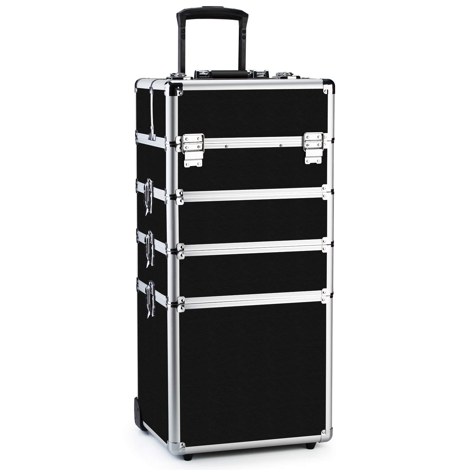 OUDMAY Professional 4-in-1 Makeup Train Case - Aluminum Frame Cosmetic Rolling Organizer with Folding Trays | Perfect for Travel, Salon & Makeup Artists
