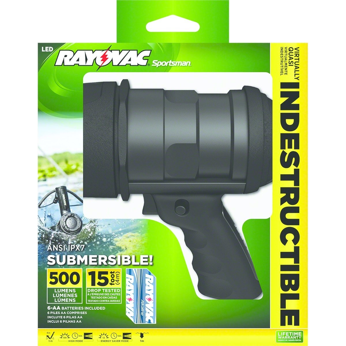 Rayovac Sportsman 500 Lumen 6AA LED Spotlight - Virtually Indestructible, Includes Batteries (OT6AASP-B) - Perfect for Camping, Hunting, Emergency & Outdoor Adventures