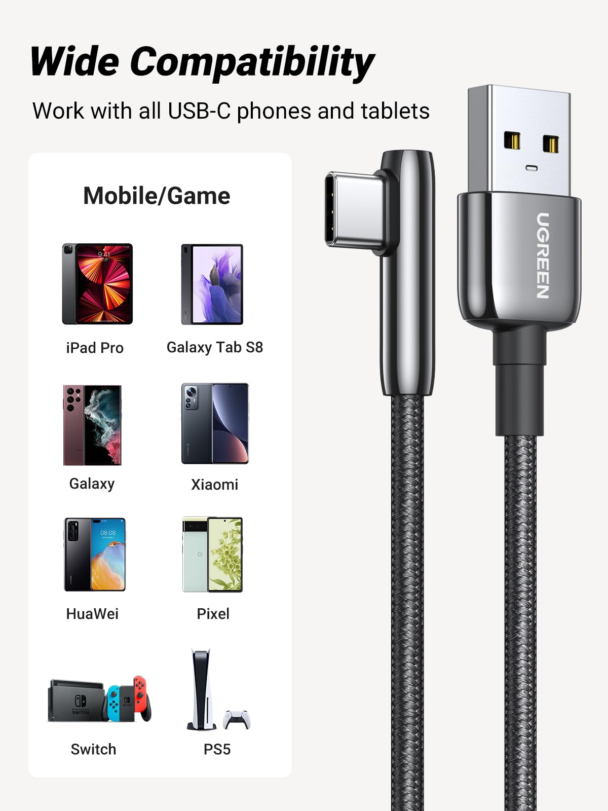 UGREEN 90 Degree Right Angle USB C to USB A Cable 3.3FT - Braided Nylon Fast Charging Cord Compatible with iPhone 15 Series, iPad Pro/Air, Samsung Galaxy S24/S23/S10, Google Pixel 8/7 - Perfect for Gaming, Car Charging & Tight Spaces