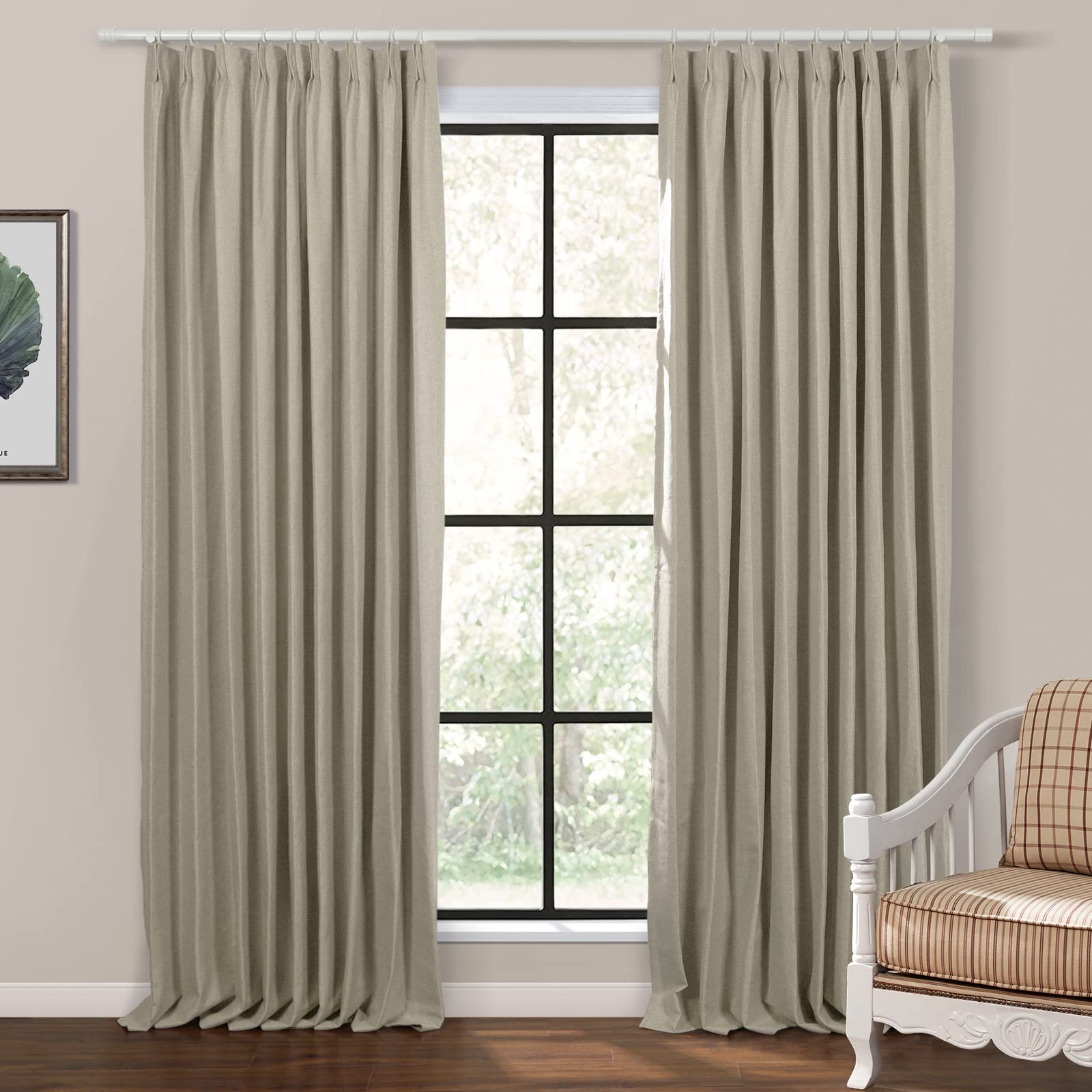 TWOPAGES Flax Blackout Pinch Pleat Curtains for Kitchen - 52x84 Inch Thermal Insulated Room Darkening Window Drapes with Linen Texture (1 Panel) - Perfect for Bedroom, Living Room & Home Theater Light Blocking