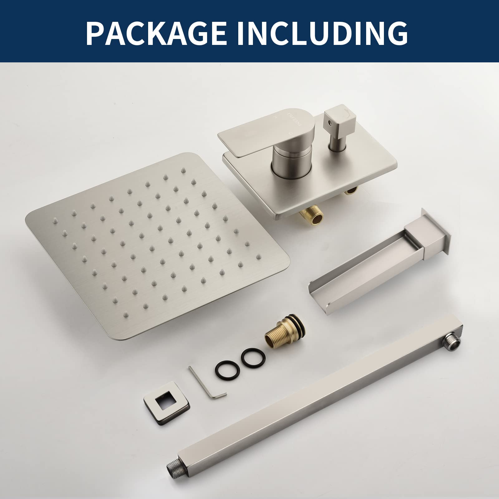 Waterfall Shower Faucet Set with Tub Spout - Brushed Nickel Wall Mount Shower System with Rough-in Valve - Perfect for Modern Bathroom Renovations & Spa-Like Showers