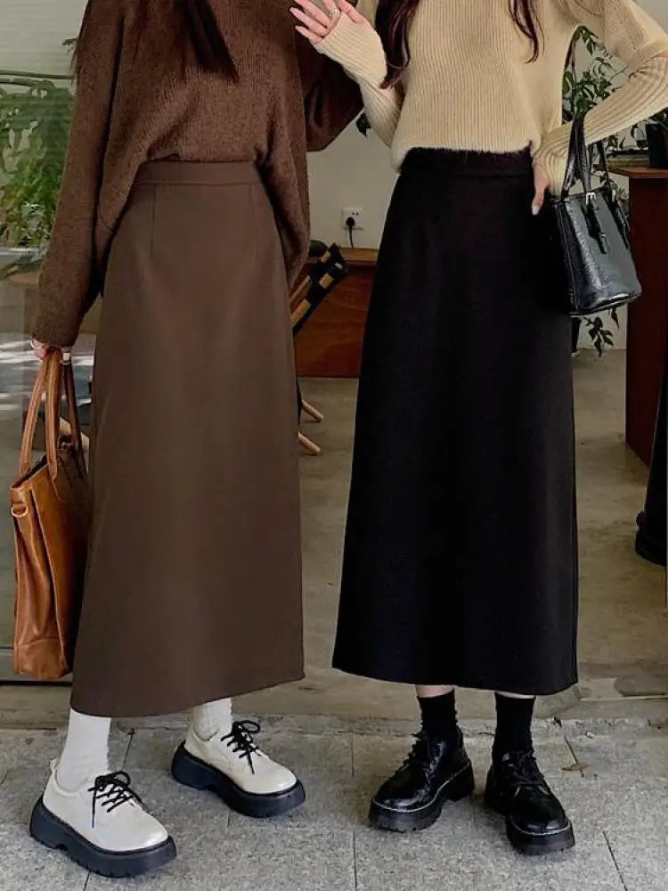 Women's Autumn Brown Wool A-Line High Waist Skirt - Elegant Straight Long Skirt with Elastic Waistband | Warm Winter Fashion for Casual Outfits & Office Wear | Korean Style Ladies Skirt