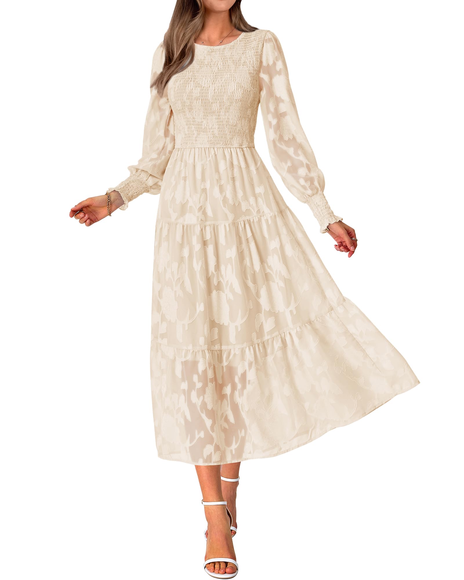 BTFBM Women's Elegant Floral Midi Dress Long Sleeve Bohemian Wedding Guest Dress - Perfect for Spring Weddings, Garden Parties & Casual Boho Outfits