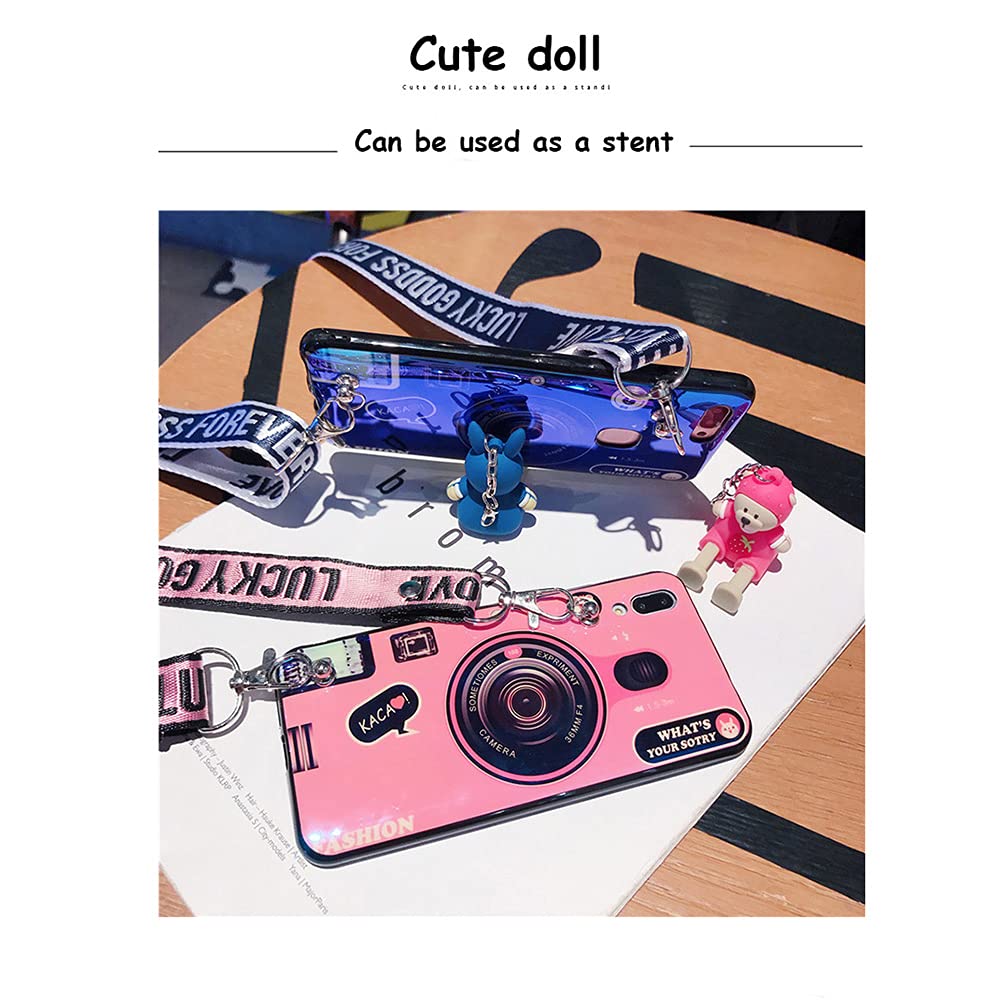**Cute 3D Bear Doll Camera Crossbody Phone Case for Samsung Galaxy A71 4G – Soft Silicone Shockproof Protective Glitter Cover with Kickstand & Lanyard Strap (Blue Bear) – Perfect for Travel, Selfies & Everyday Use**