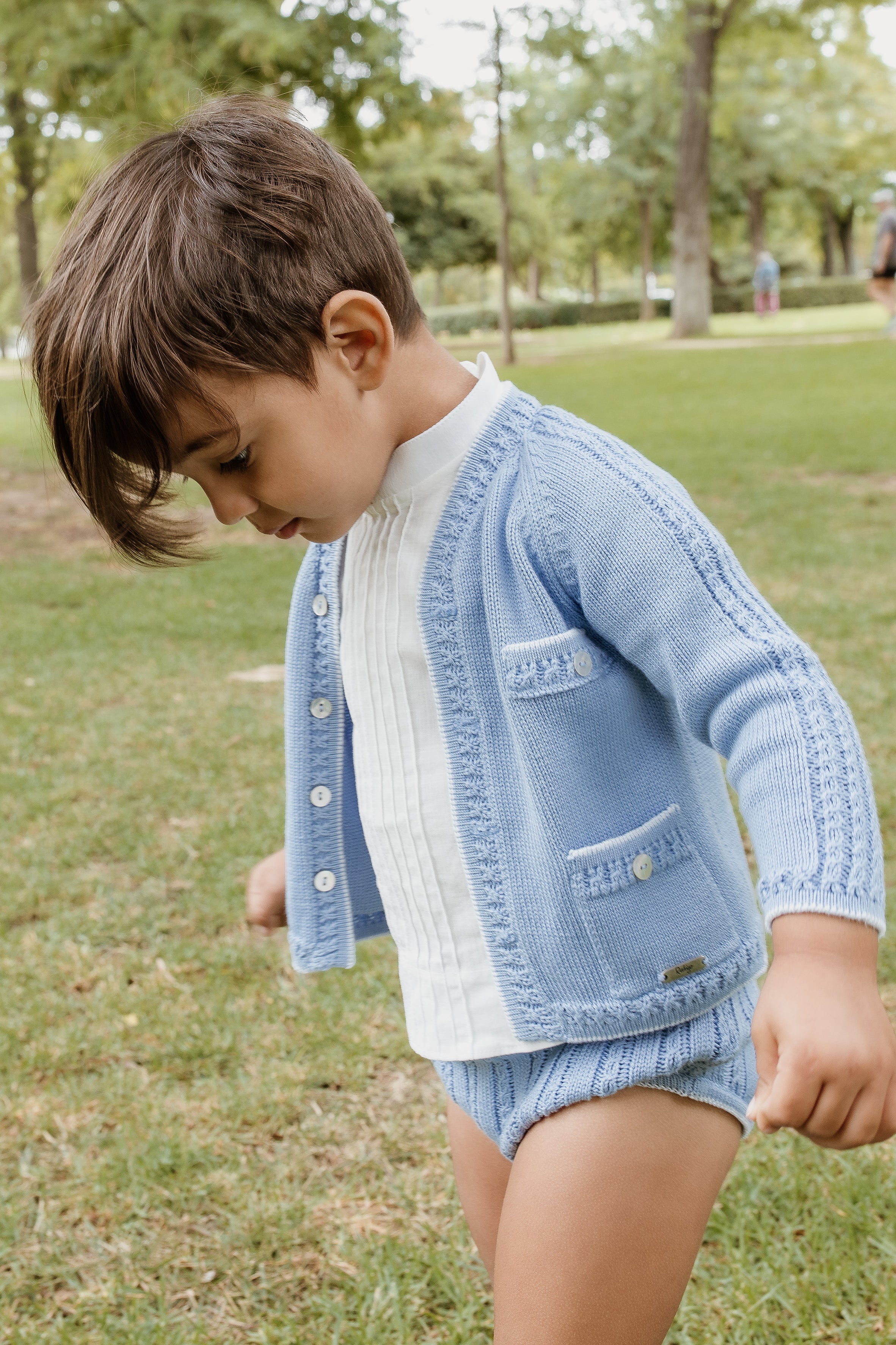 Thomas Sky Blue Knit Cardigan, Button-Up Shirt & Lounge Pants Set - Cozy Outfit for Home, Casual Wear & Family Photos