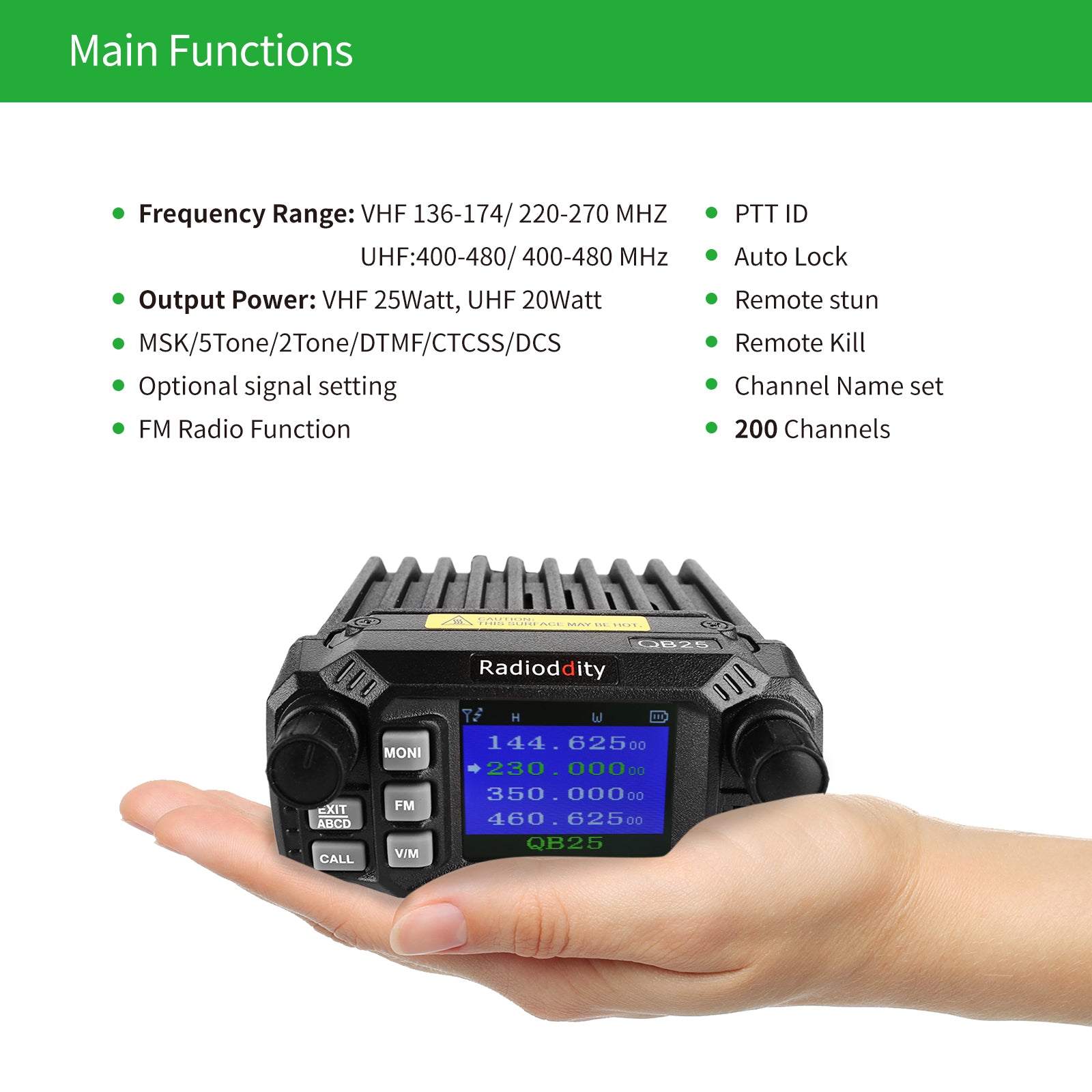 QB25 Pro Quad Band Mini Mobile Radio with Cable & 50W Antenna - Compact Portable CB Radio for Truckers, Off-Roading & Emergency Communication