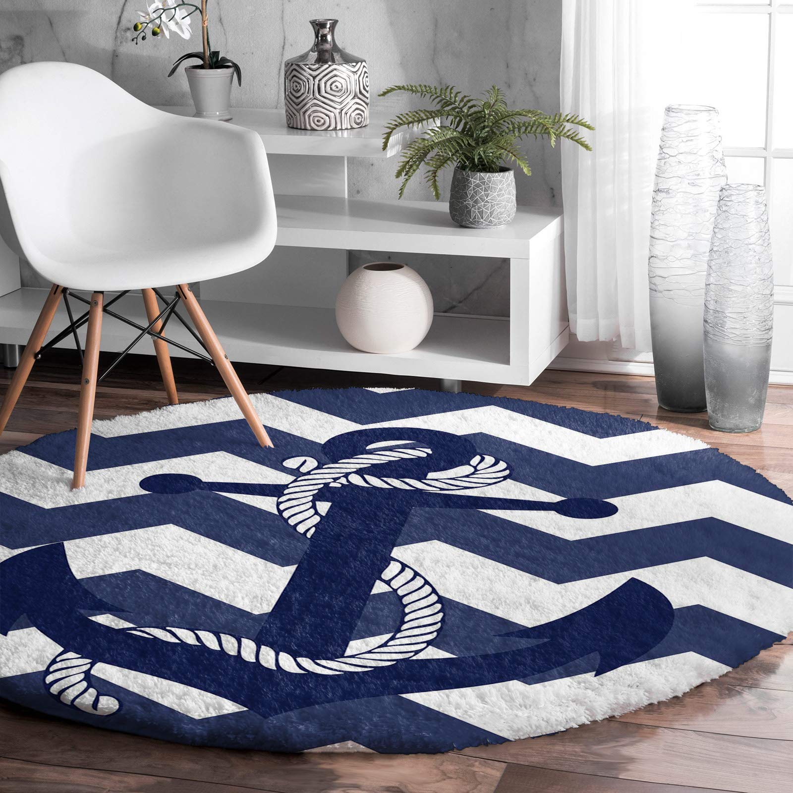 Nautical Anchor Navy Blue and White Striped Round Fluffy Shag Rug - Soft Plush Non-Slip Rubber Backing Circle Carpet for Bedroom, Kids Room, Nursery & Living Room - Perfect for Coastal Decor, Boho Style & Cozy Home (5 ft)