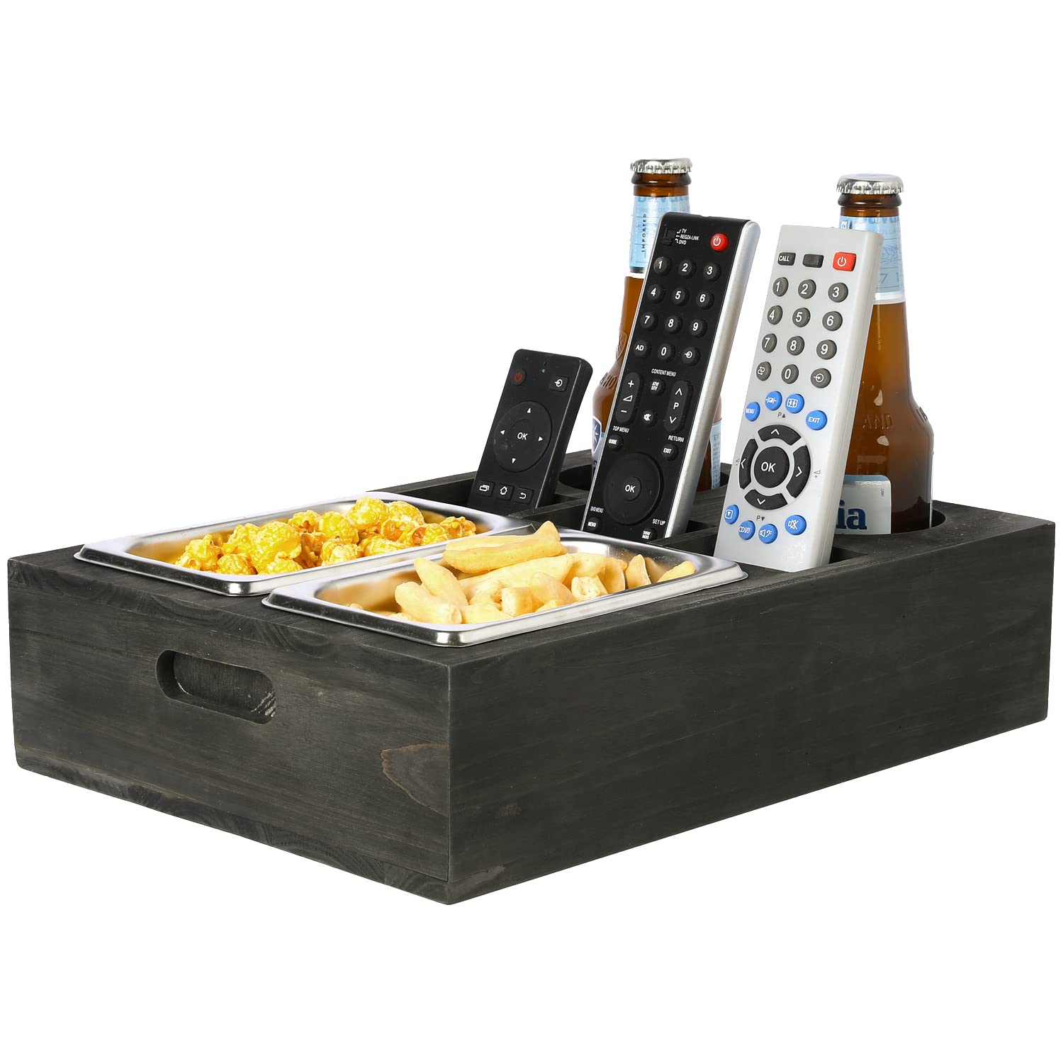 Rustic Weathered Gray Wood Snack Bowls and Tray Caddy with 2 Drink Holders - Remote Control Storage - Perfect for Movie Nights, Living Room Entertainment, and Family Gatherings