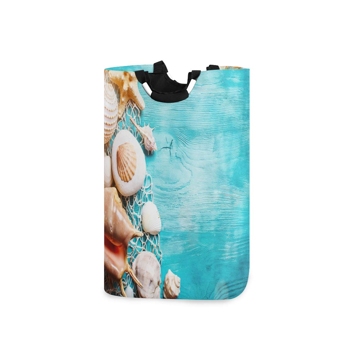 Senya Large Foldable Laundry Basket - Collapsible Fabric Clothes Hamper with Seashell & Starfish Design on Blue Wooden Boards - Perfect for Laundry Room, Dorm, Travel & Storage