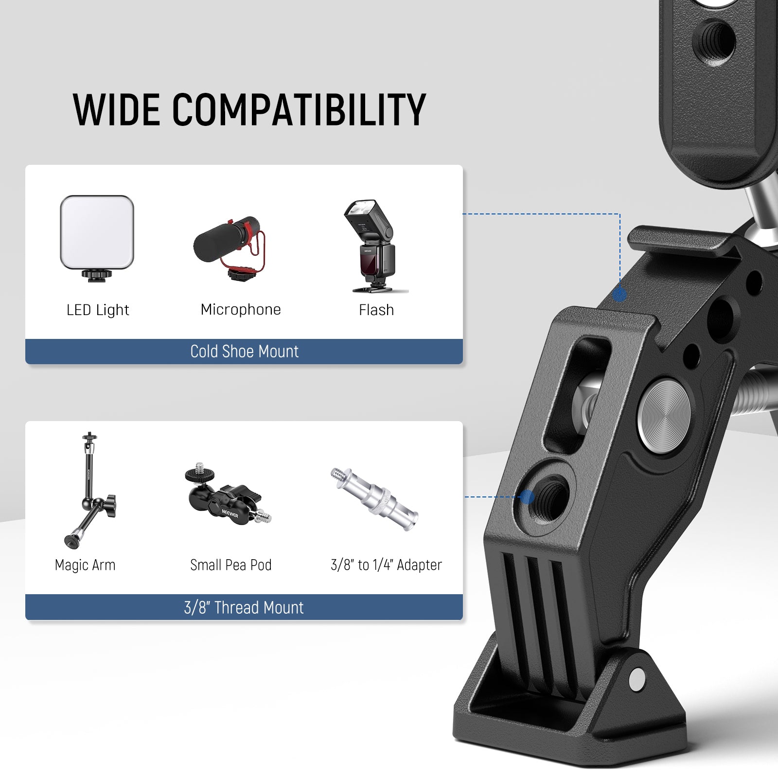 NEEWER UA036 Heavy Duty Double Super Clamp - Adjustable Camera Mount for DSLR, Camcorder, Lighting Equipment - Perfect for Photography, Videography & Studio Setups