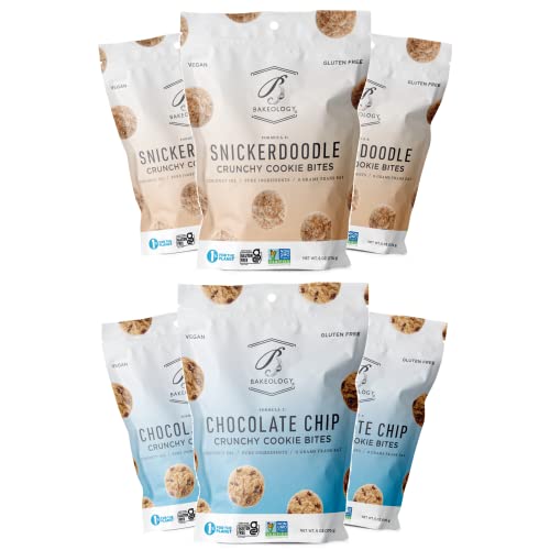 Bakeology Gluten Free Vegan Cookies - 6 Pack (6 oz Each) | Chocolate Chip & Snickerdoodle Variety | Healthy Snacks for Kids, Office, Travel & Parties