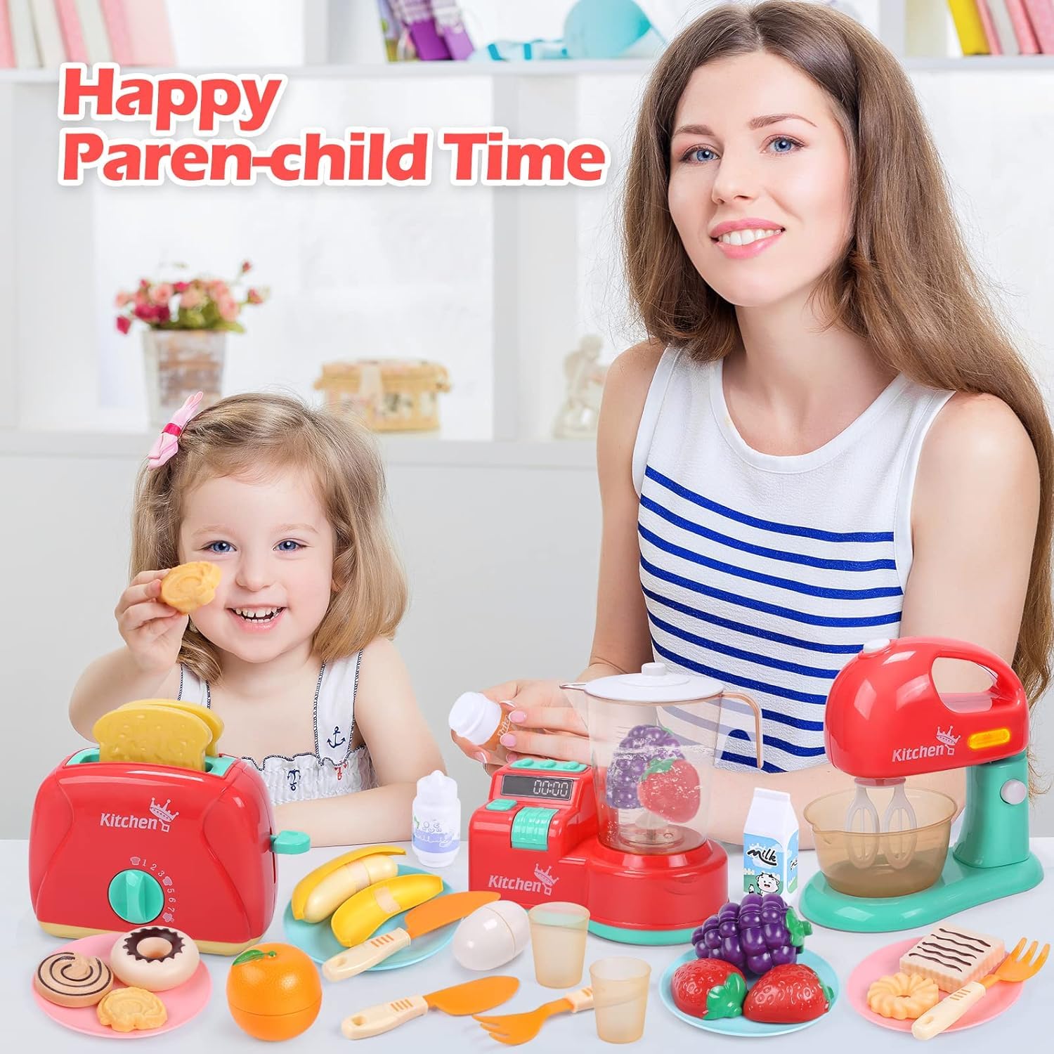 CUTE STONE Interactive Kitchen Utensils Toy Set with Sound & Light, Kids Play Kitchen Mixer, Toaster, Cutting Games, Toddler Pretend Cooking Set for Home & Preschool Learning