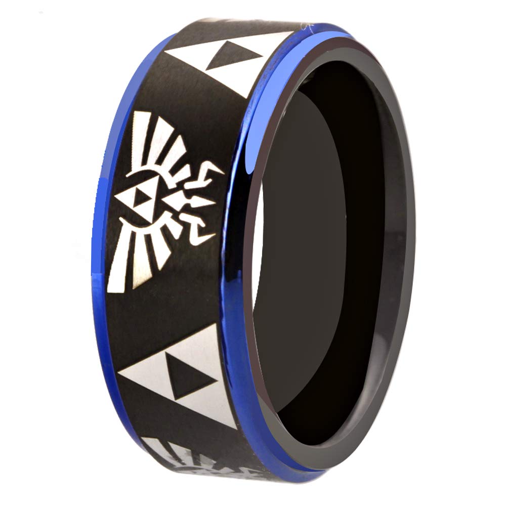 Custom Engraved Zelda Ring - Black & Blue Tungsten Carbide Wedding Band with Crest & Triforce Design | Perfect for Zelda Fans, Cosplay, Anniversary Gifts & Geek Weddings