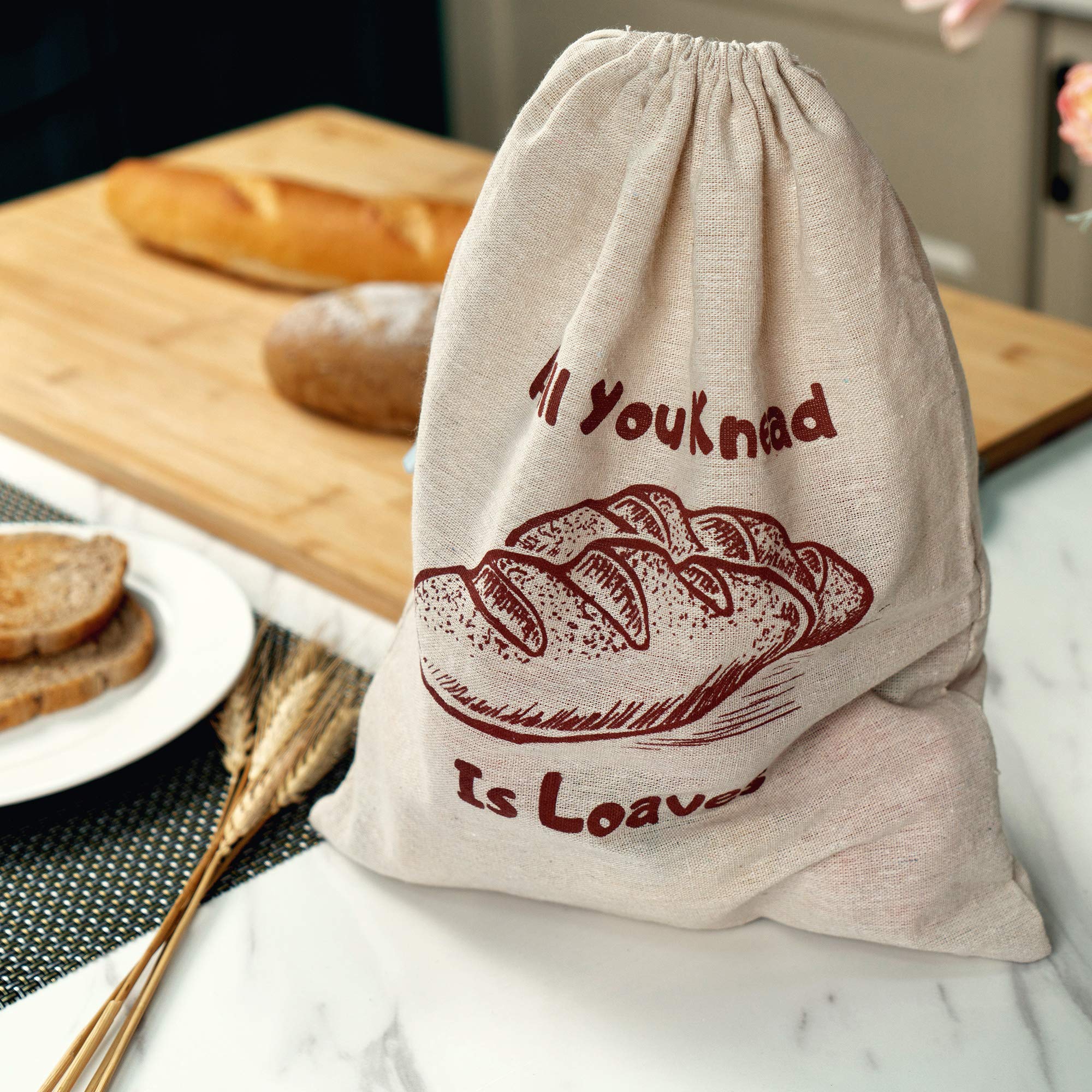Organic Linen Bread Bags - Set of 4 Large & XL Unbleached Reusable Drawstring Bags for Homemade Artisan Bread, Loaf Storage & Food Preservation | Perfect Eco-Friendly Gift for Bakers & Kitchen Use for Picnics, Farmers Markets & Home Baking