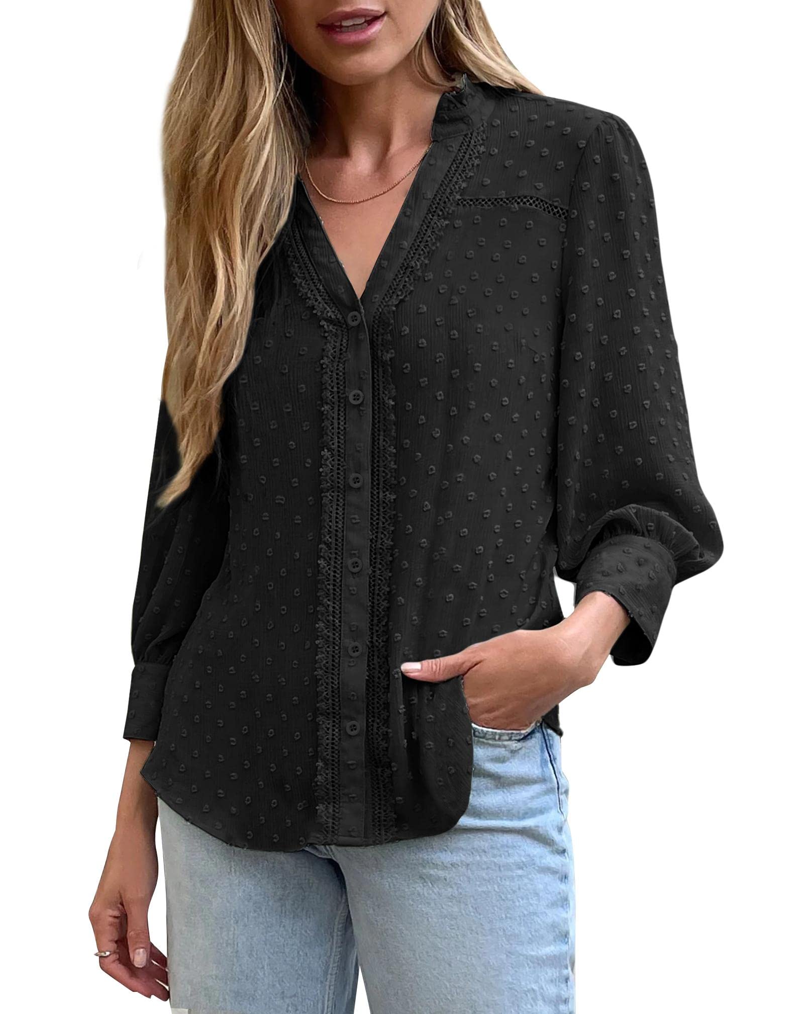 Imily Bela Women's 3/4 Sleeve V-Neck Chiffon Blouse - Loose Fit Lace Pom Pom Button Down Shirt for Autumn | Casual Office Wear & Date Night Outfits