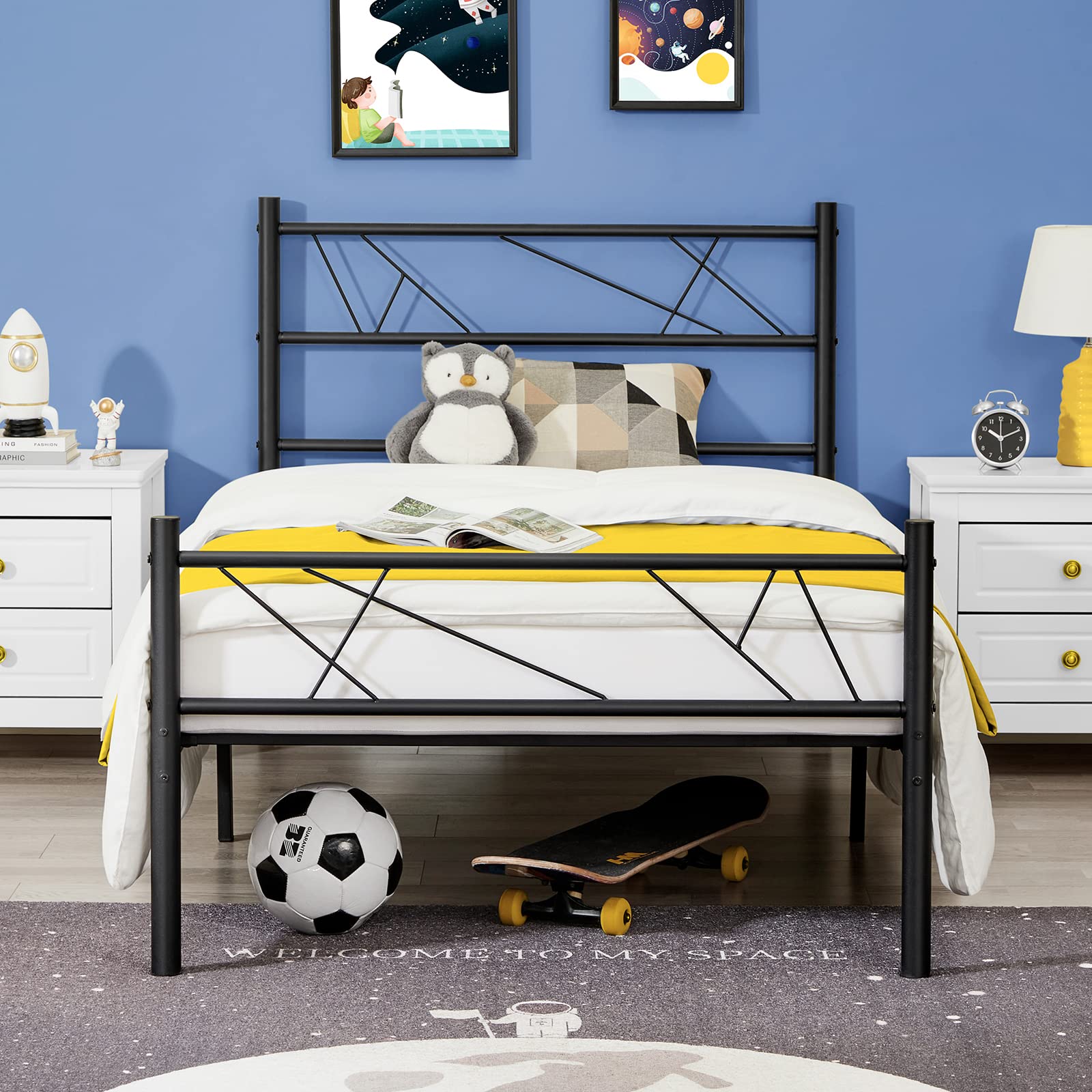 WOHOMO Twin Bed Frame with Headboard & Footboard - Sturdy Metal Platform Bedframe, No Squeak, Steel Slat Support for Mattress Foundation (No Box Spring Needed) - Perfect for Kids Rooms, Guest Bedrooms & Small Spaces (Black)