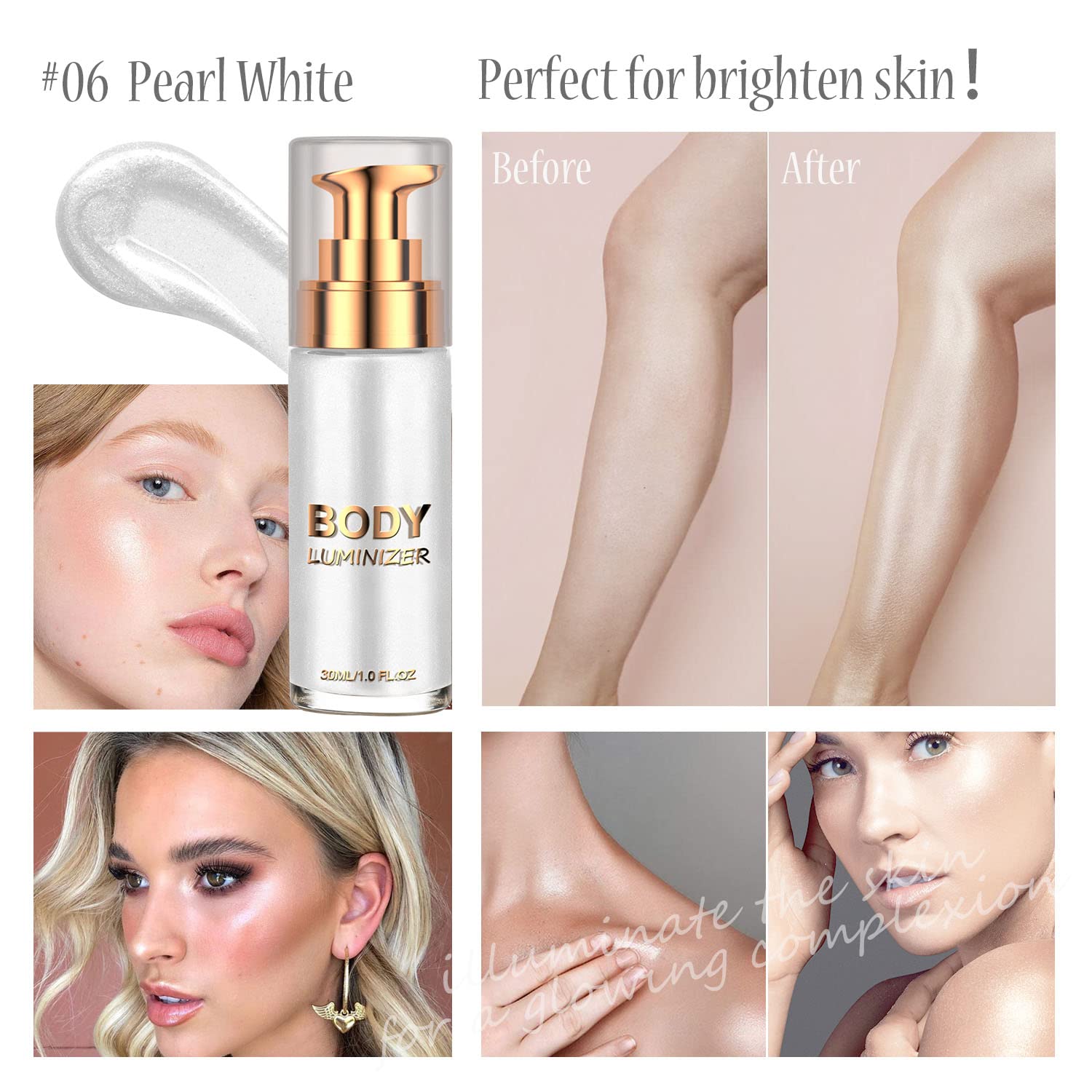 Waterproof Liquid Illuminator & Body Shimmer Highlighter Makeup - Smooth Glow Foundation with Moisturizing Formula for Face & Body (#06 Moonlight White) | Perfect for Night Out, Festival Glow, and Photo Shoots