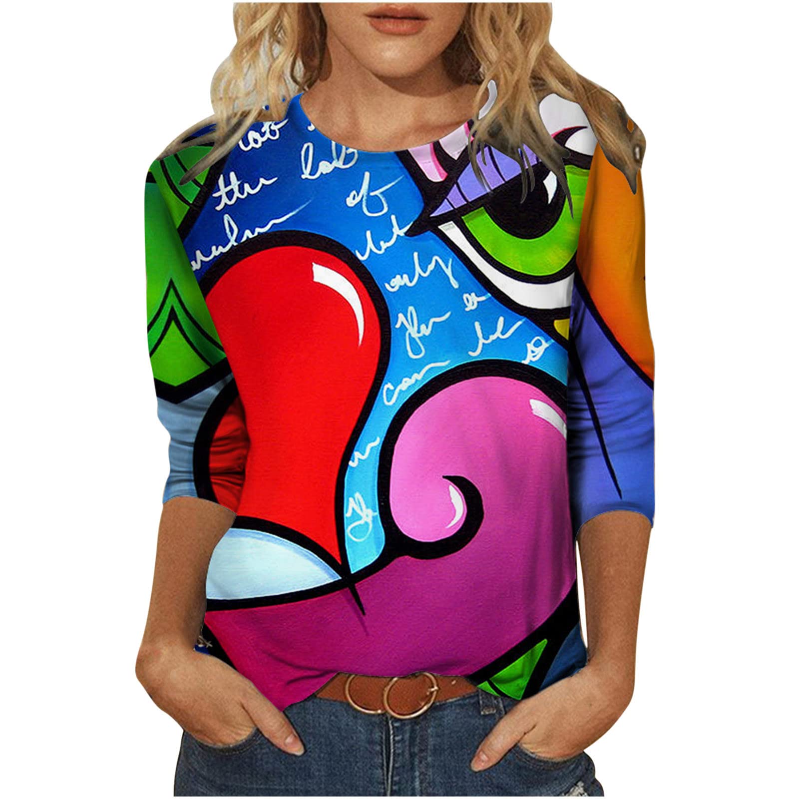 Women's 3/4 Sleeve Color Block T-Shirt - Lightweight Comfortable Round Neck Blouse with Fashion Graffiti Print | Perfect for Casual Wear, Office Outfits & Street Style