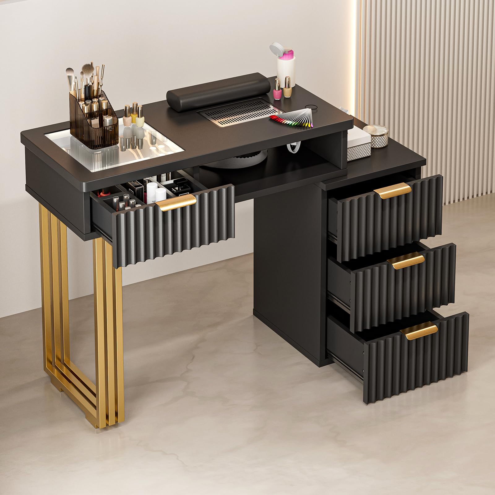 Professional Nail Tech Manicure Table with Dust Collector, 4 Drawers & LED Lights - Acetone Resistant Salon Workstation with Wrist Cushion, Golden Leg (Black) - Perfect for Nail Salons, Home Studios & Mobile Nail Technicians
