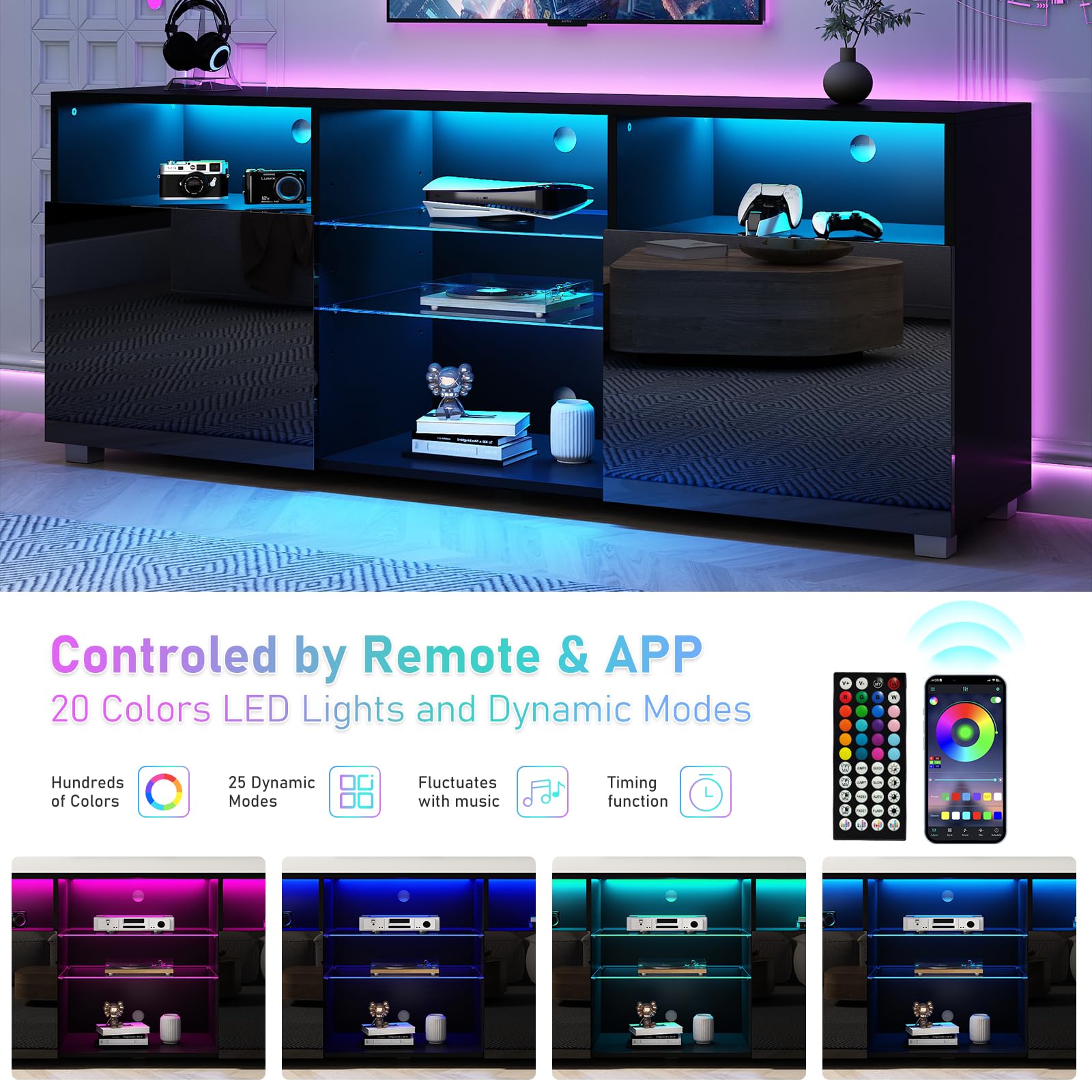 Modern LED TV Stand for 50-55 Inch TVs - High Gloss Black Media Console with Storage Drawer & Ambient Lighting - Entertainment Center for Living Room, Bedroom & Game Room - Space-Saving TV Table with LED Lights for Enhanced Viewing Experience
