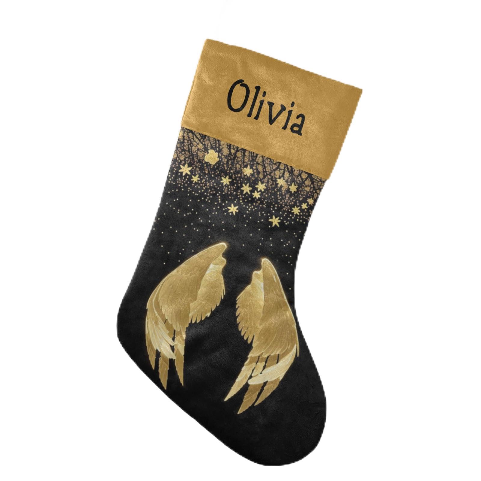 Personalized Gold Angel Wings Christmas Stockings with Name - Custom Holiday Gift for Boys, Girls & Pets (17.52 x 7.87 Inch) - Perfect for Fireplace Decor, Xmas Tree Hanging & Festive Home Decoration