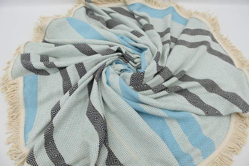 Premium 100% Cotton Round Beach Towel - Soft, Absorbent & Quick-Drying in Black & Turquoise - Perfect for Pool, Beach, Yoga & Picnics