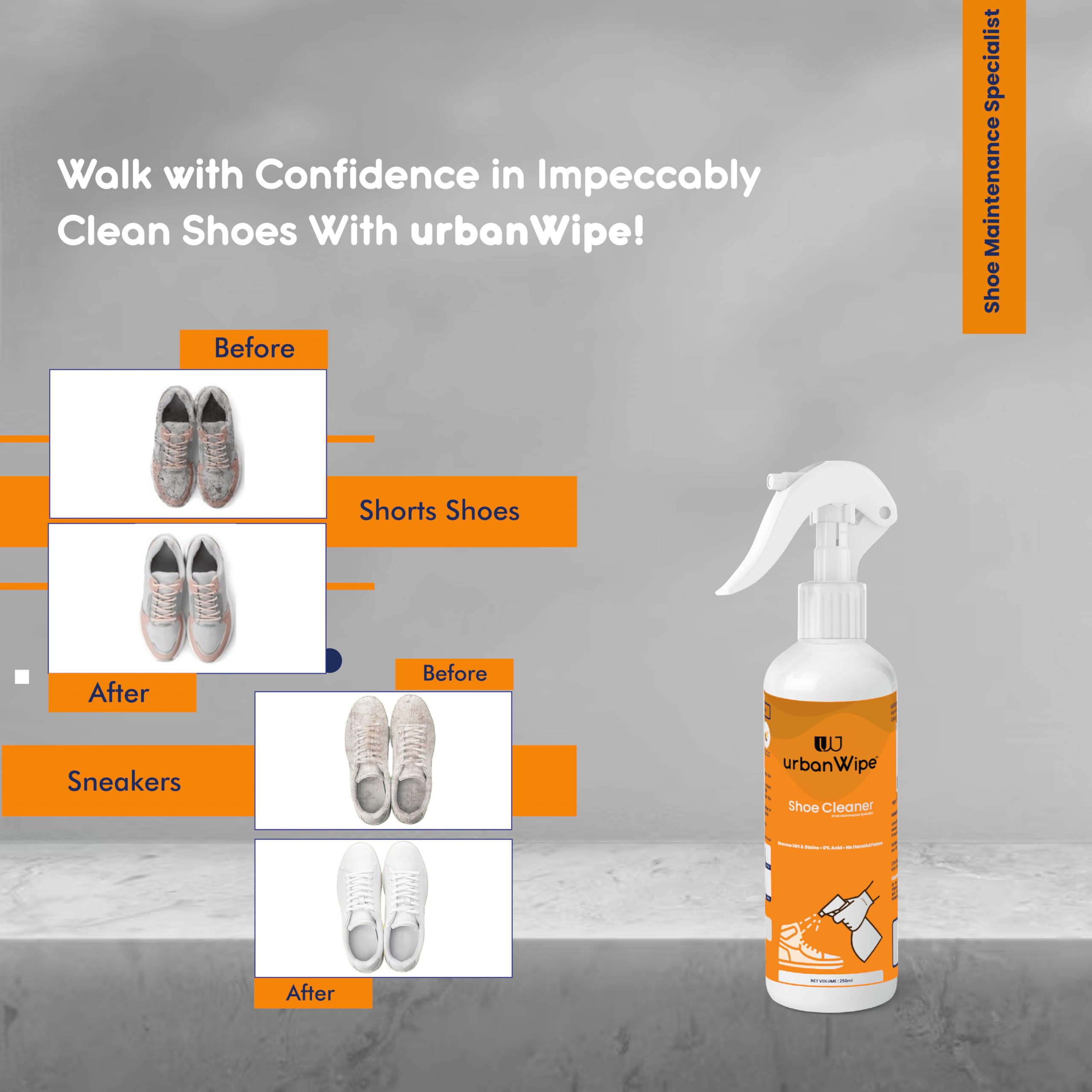urbanWipe Eco-Friendly Sneakers & Sports Shoe Cleaner (250 ML) - Gentle Cleaning Solution for White Shoes, Mesh Sneakers & Athletic Footwear - Perfect for Gym, Running & Everyday Use