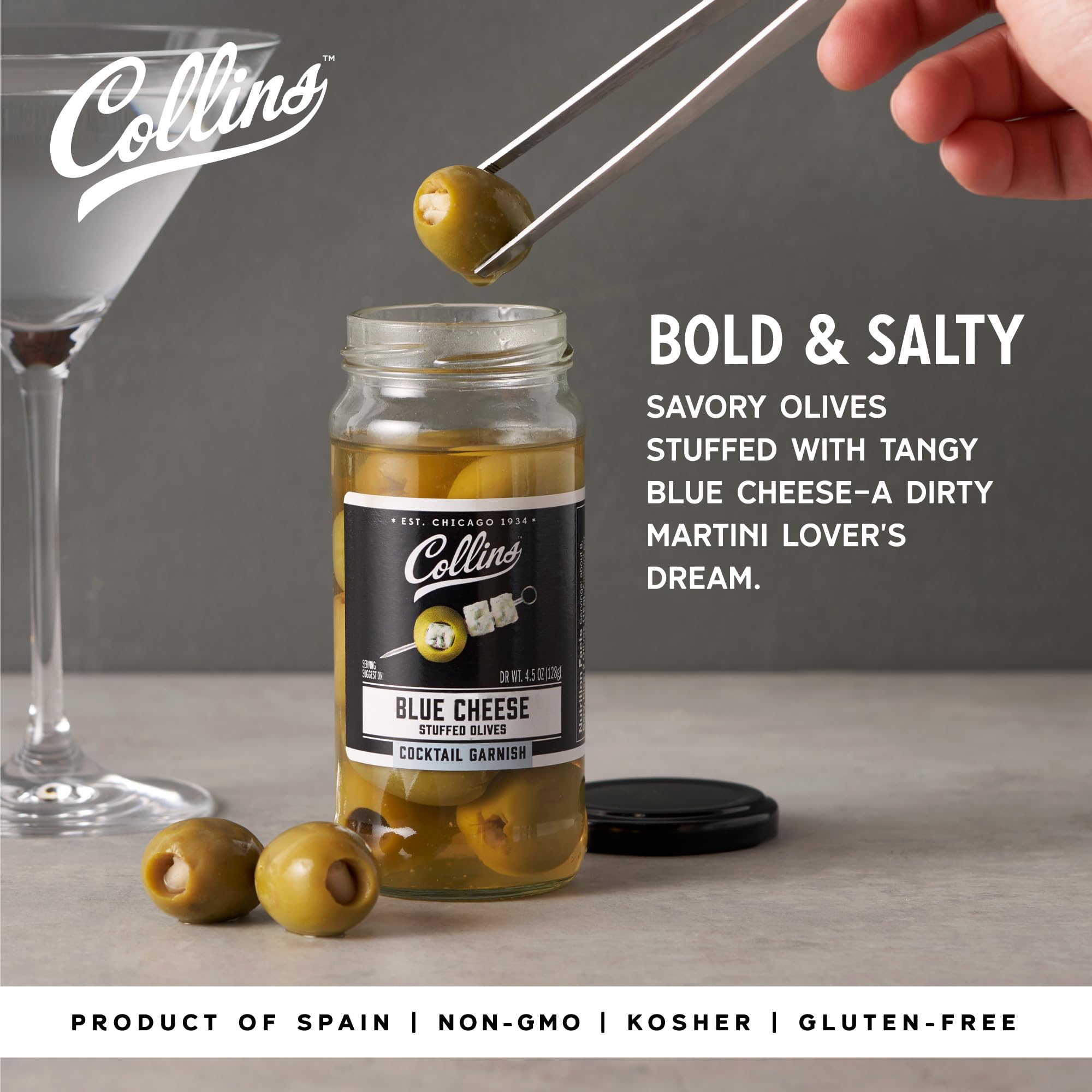 Collins Gourmet Blue Cheese Stuffed Olives – Premium Cocktail Garnish for Martinis & Bloody Marys – Perfect for Charcuterie Boards, Snack Trays & Salads – Gourmet Condiment Olives 4.5oz – Ideal for Parties, Happy Hours & Upscale Entertaining