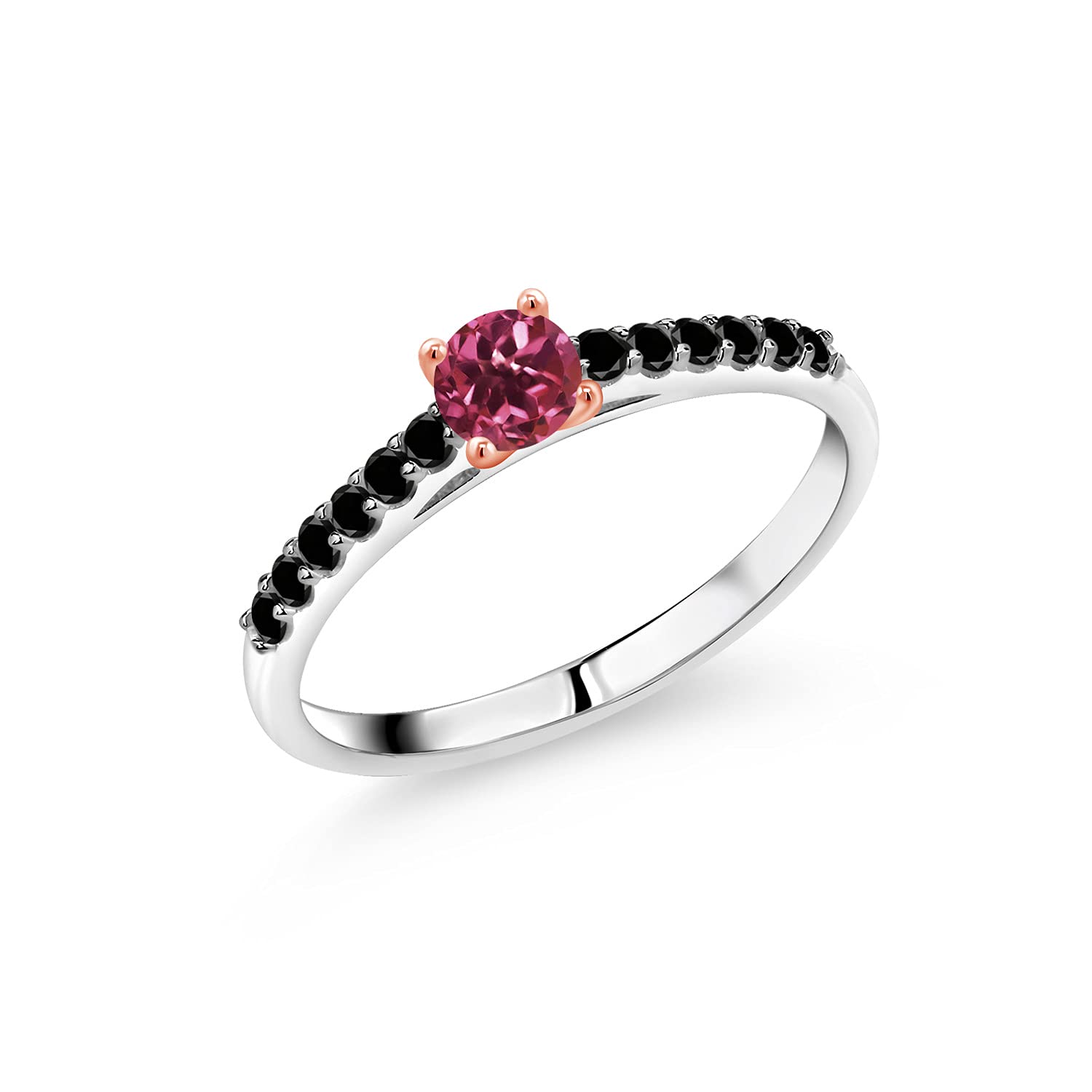 0.45 Ct Natural Pink Tourmaline & Black Diamond Ring in 10K White Gold with Rose Gold Prongs - Elegant Jewelry for Women, Perfect for Engagement, Anniversary & Special Occasions