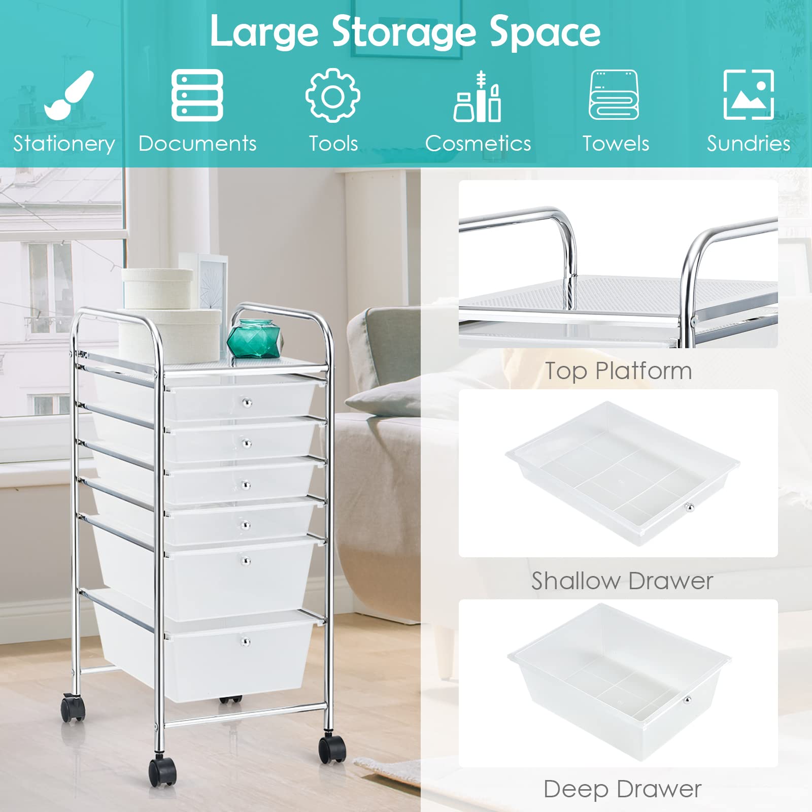RELAX4LIFE 6-Drawer Rolling Storage Cart with Removable Plastic Drawers - Mobile Utility Cart for Classroom, Home Office & Craft Organization - Perfect for School Supplies, Art Materials & Office Storage (Clear)