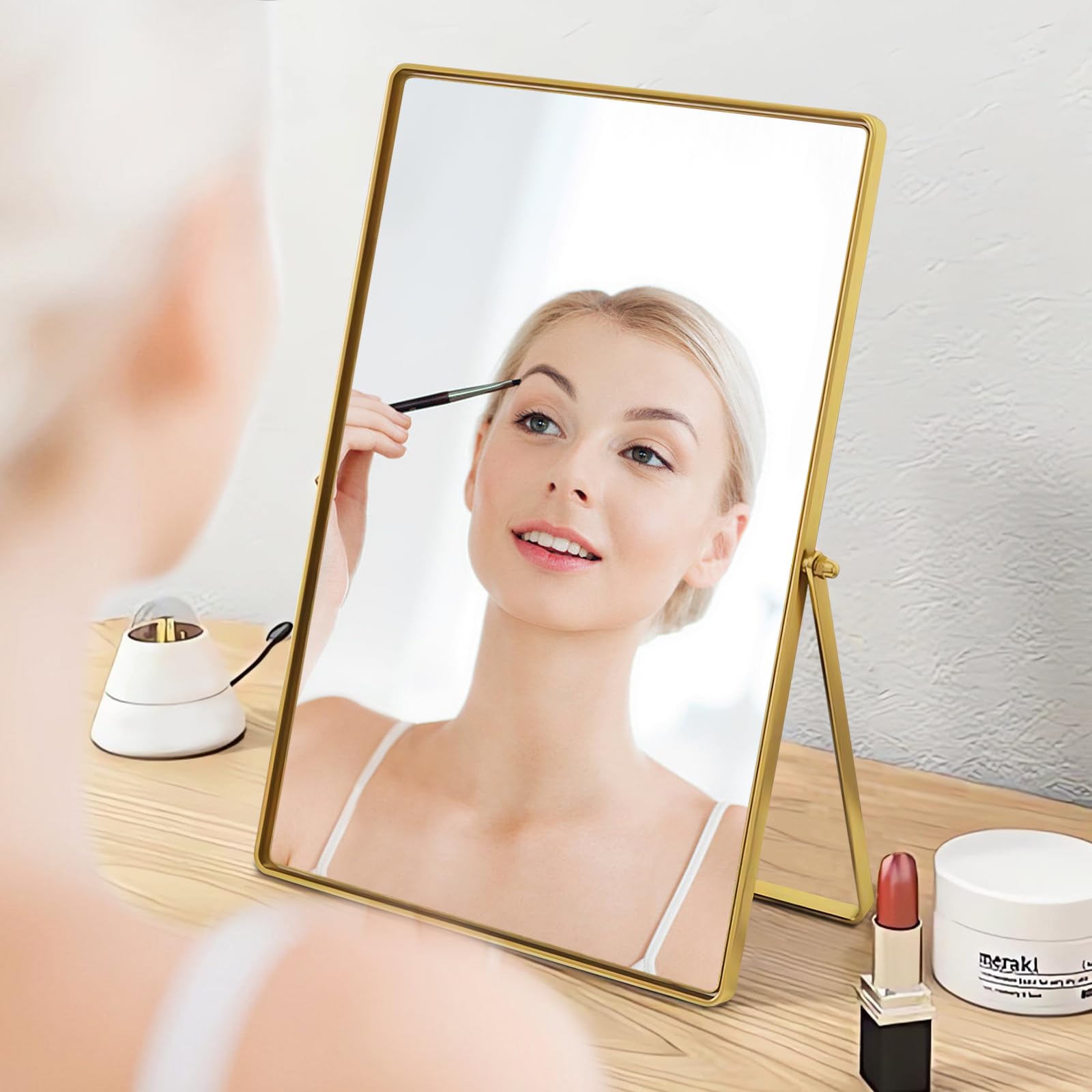 Adjustable Rectangular Desktop Vanity Makeup Mirror with Metal Stand - 90° Tilt Portable Standing Mirror for Bedroom, Living Room, Office & Bathroom | Perfect for Makeup, Grooming & Home Decor
